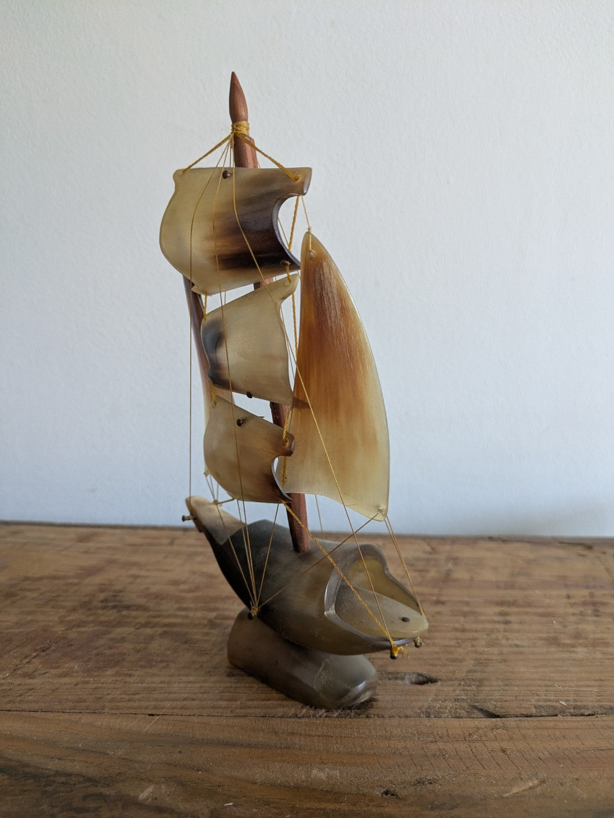 Vintage Hand Carved Nautical Sailing Ship Boat Made of Horn Masts Props Gift Vgc