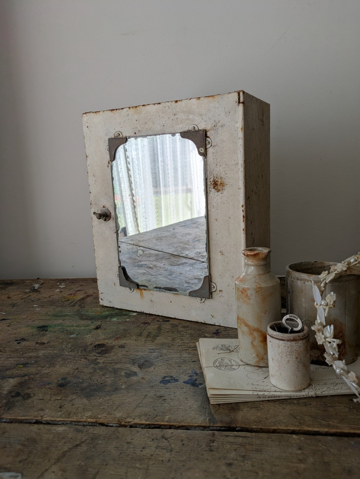 Vintage 1920s 30s Bathroom Metal Medical Wall Cabinet with Mirror Retro White 