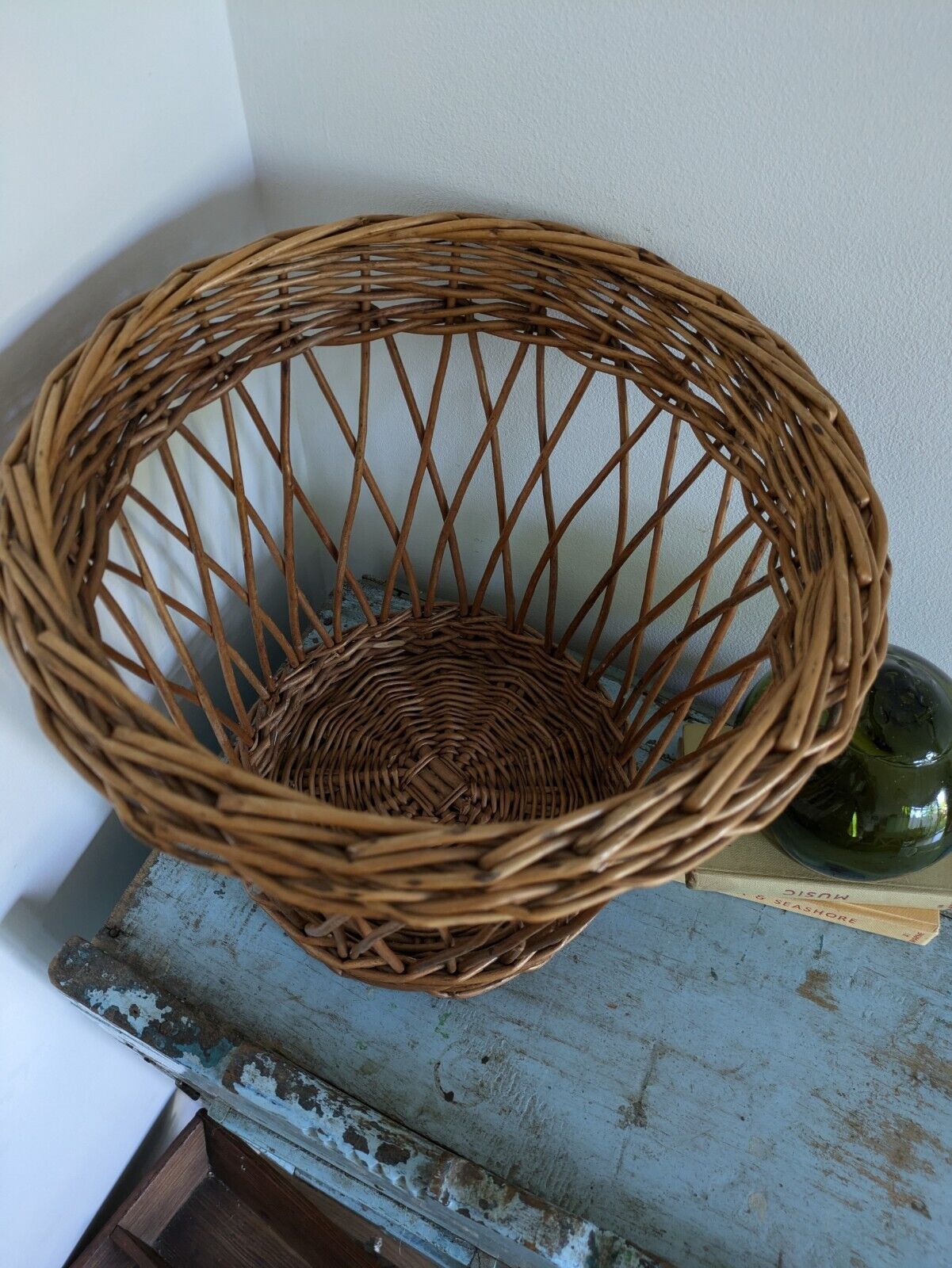 Honey Rattan Round Wicker Waste Paper Basket Woven Log Wood Storage Vintage Bin 