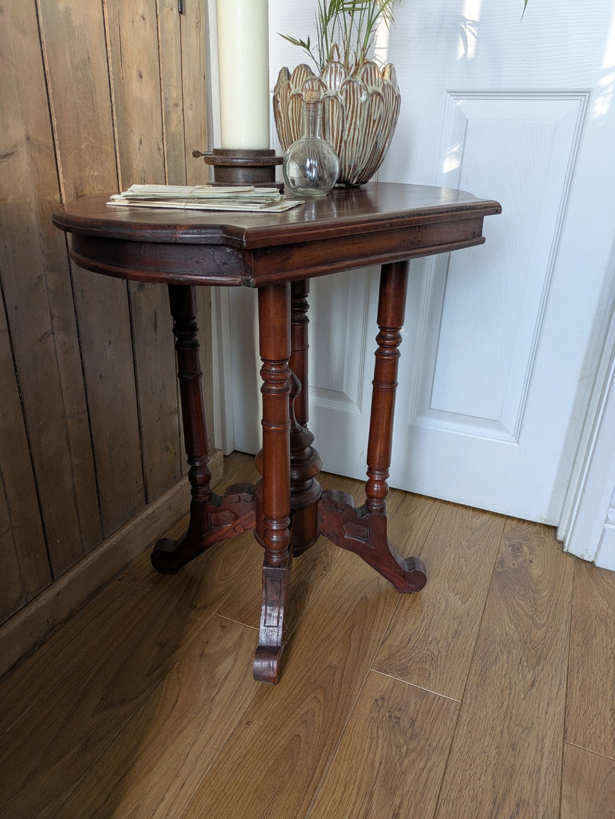 Antique Mahogany Side Table Hall Lamp Turned Legs & Finial Base Victorian C1890