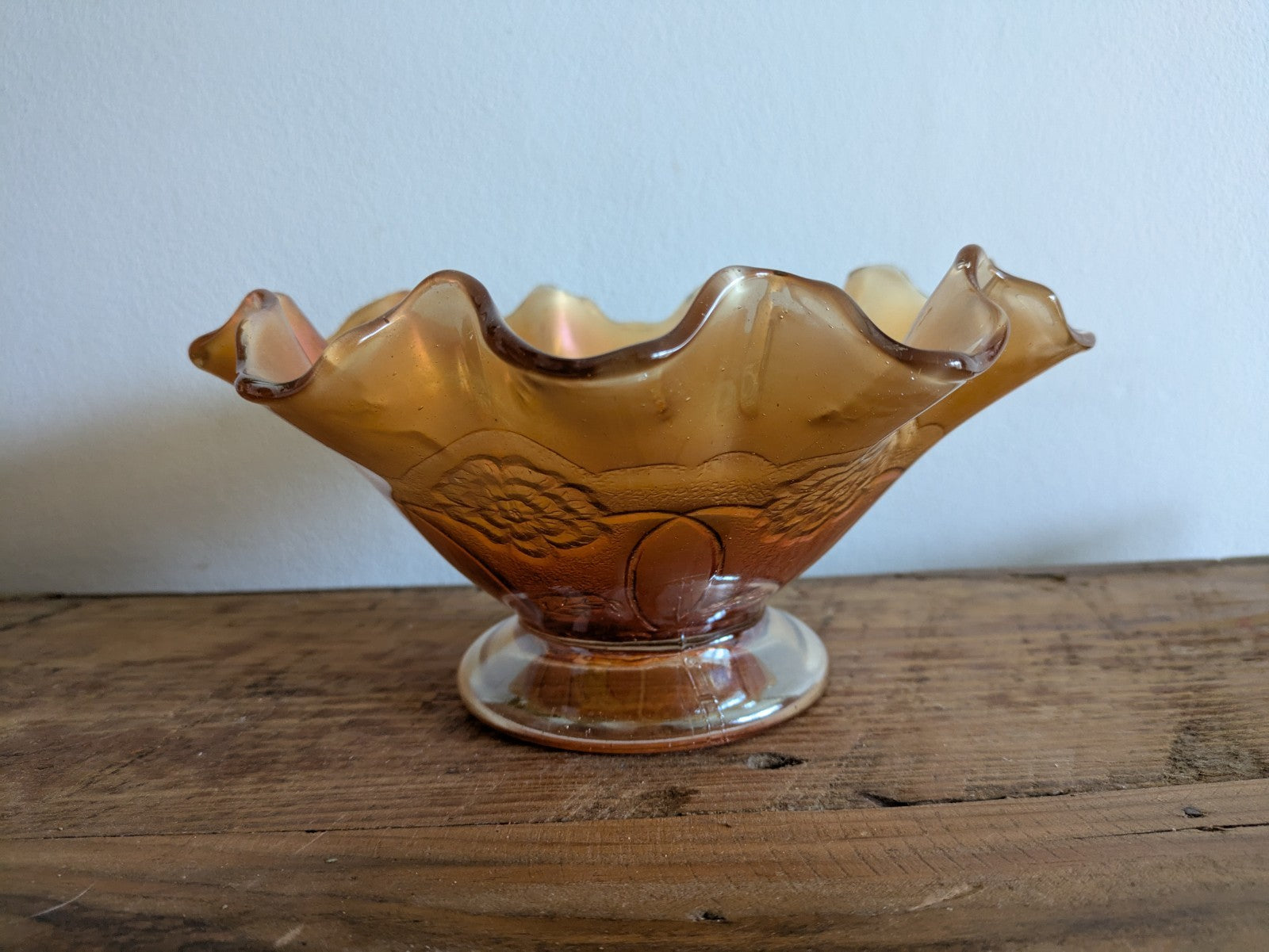 Carnival Glass Bowl Dugan Double Stem Rose Marigold/Peach Opal Iridescent C1917