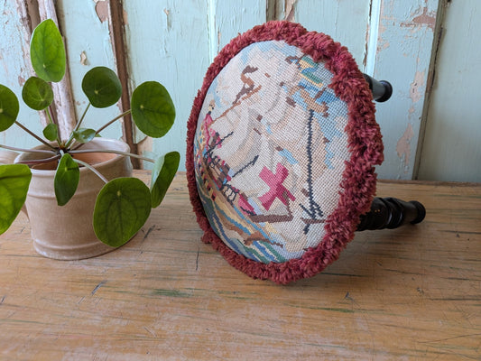 Victorian Tripod Needlepoint Foot Stool Ship Sailing Seat Tapestry Antique Vtg