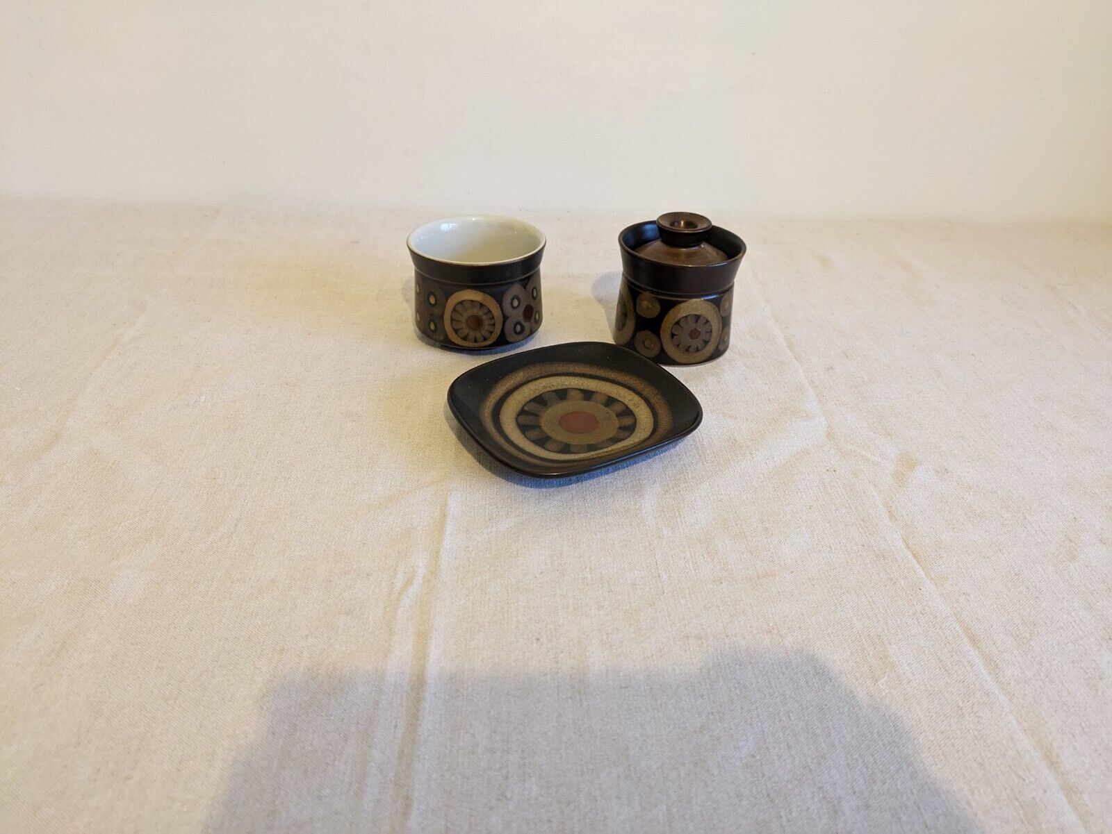 3 PIECE DENBY ARABESQUE 70s TEA BAG DISH SUGAR BOWL JAM 60S SMARKAND POTTERY VGC