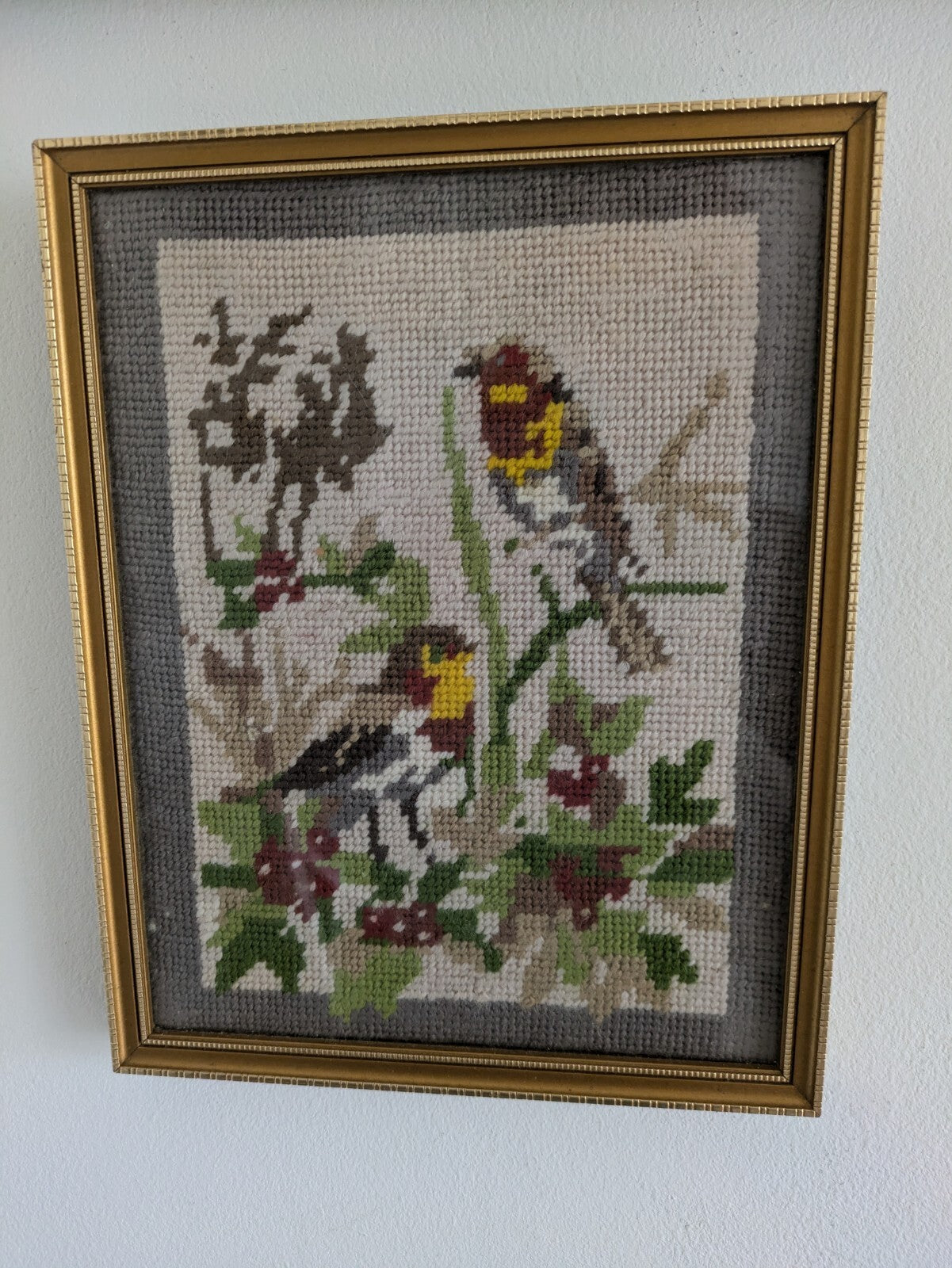Framed Winter Tapestry Picture Birds Berries Vintage Flowers Needlepoint Kitsch