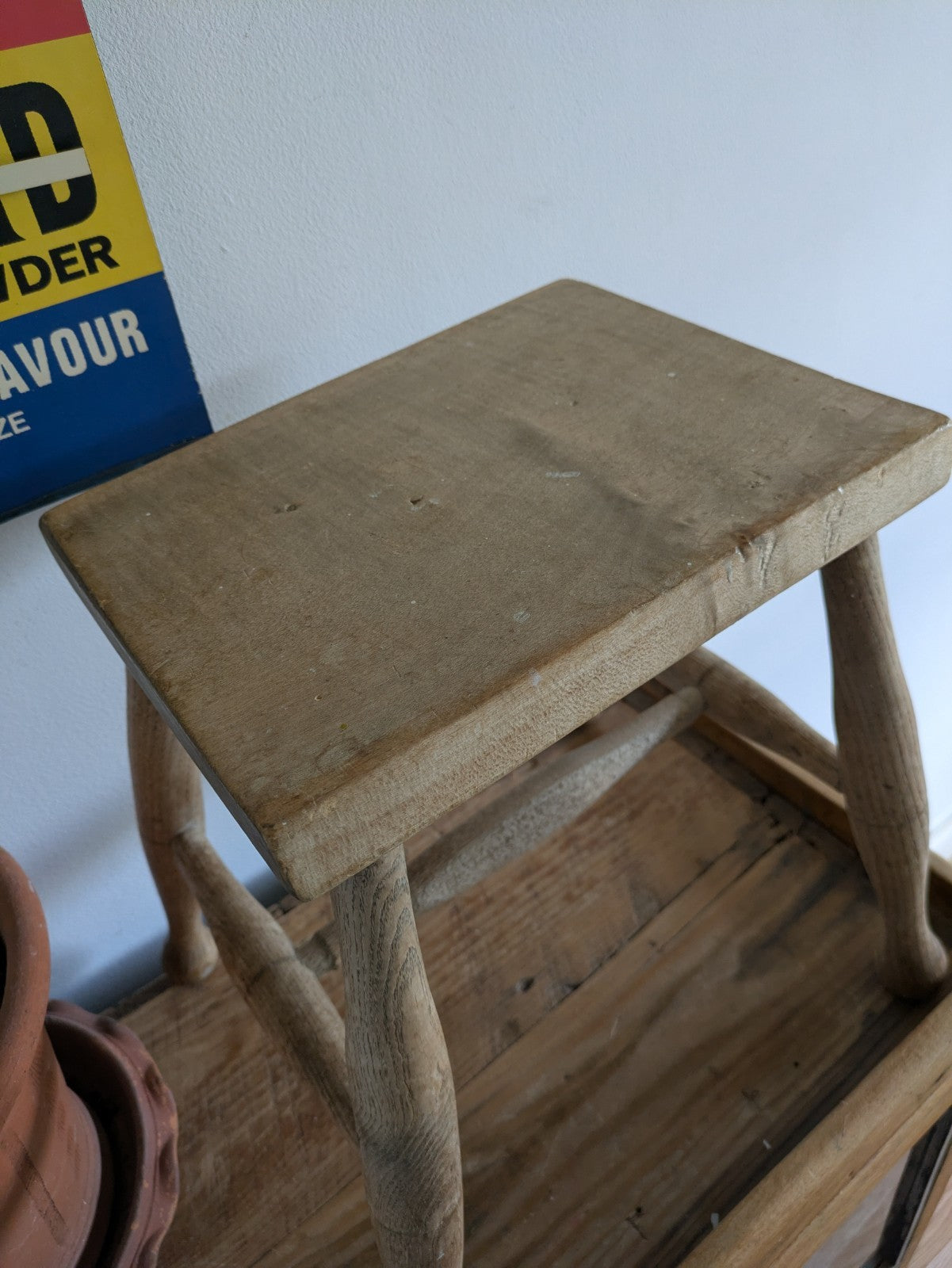 Antique Vtg 1880s Victorian Stool Beech Top Elm Leg Wooden Seat Utilitarian Vgc