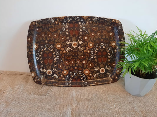 Brown Vintage 1970s floral Pat Albeck Thetford floral tray daisies tulips flower