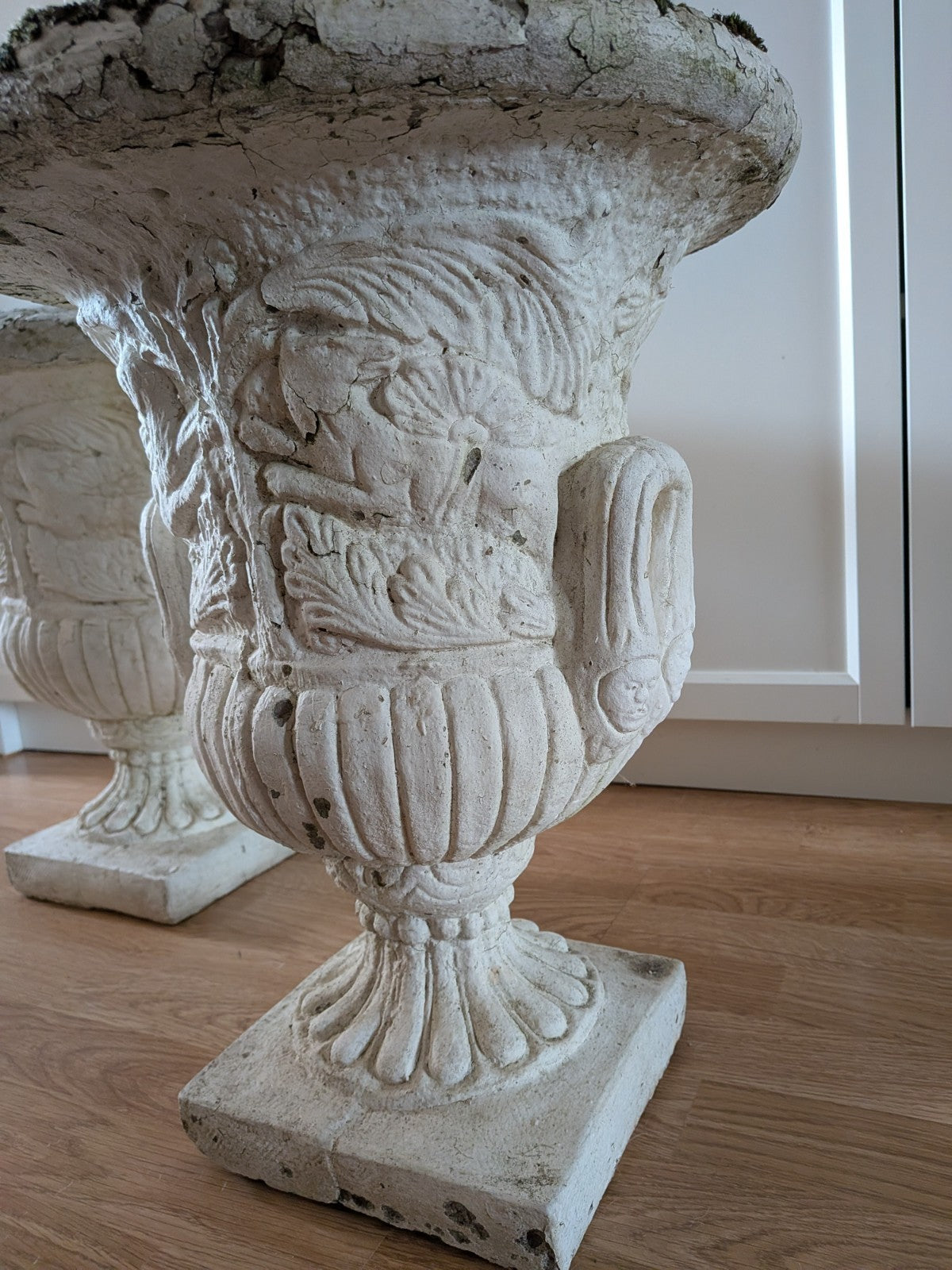 Pair Reclaimed Classical Medici Garden Urn Planter Cast Stone Handles Weathered