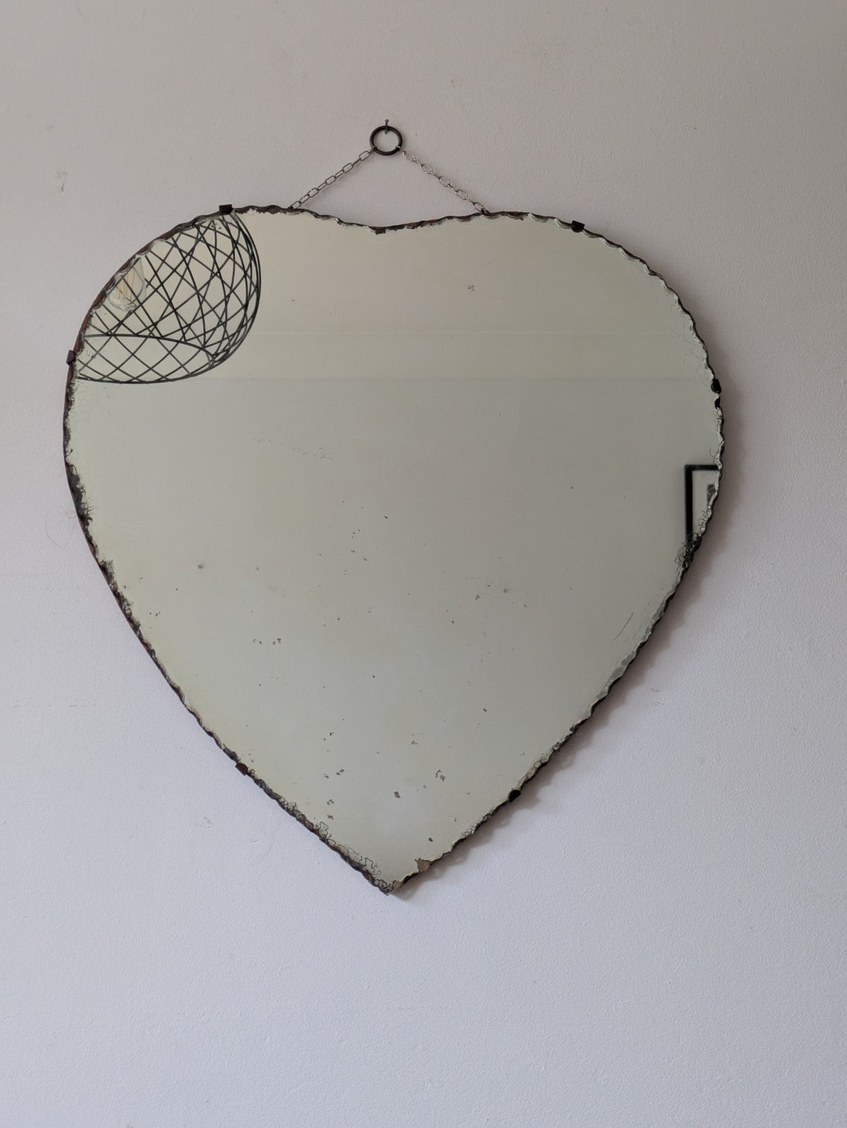 Large Antique Vintage Art Deco 1930s Heart Shaped Scalloped Mirror With Chain