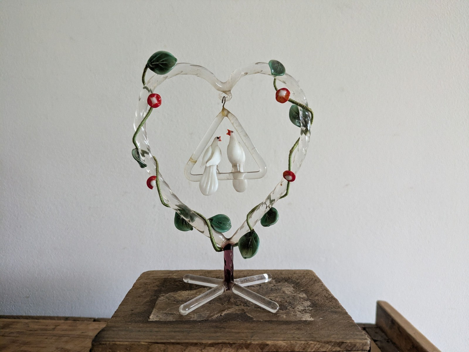 VTG Ornate Hand Blown Glass Wedding Cake Topper Heart Humming Birds Doves Leaves