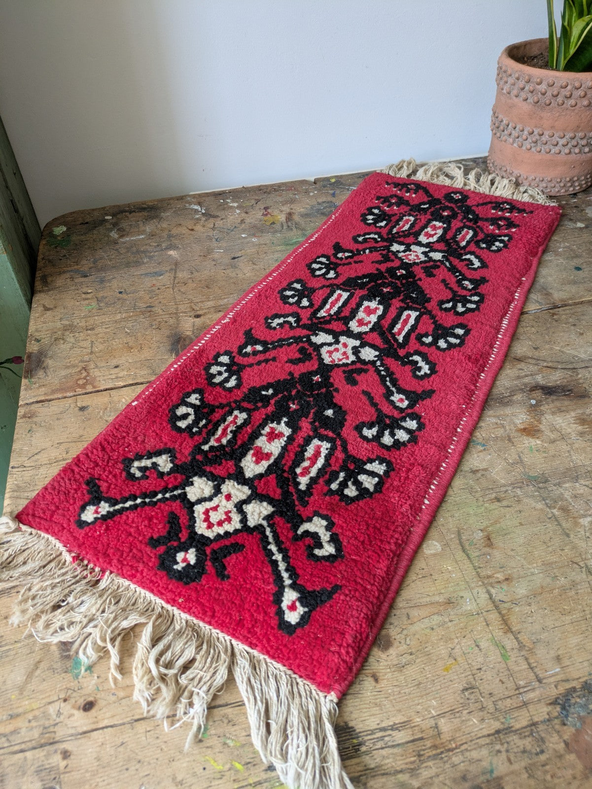 Vintage Fireside Small Rug Runner Geometric Ethnic Red Woven Vgc Tassels Bedside