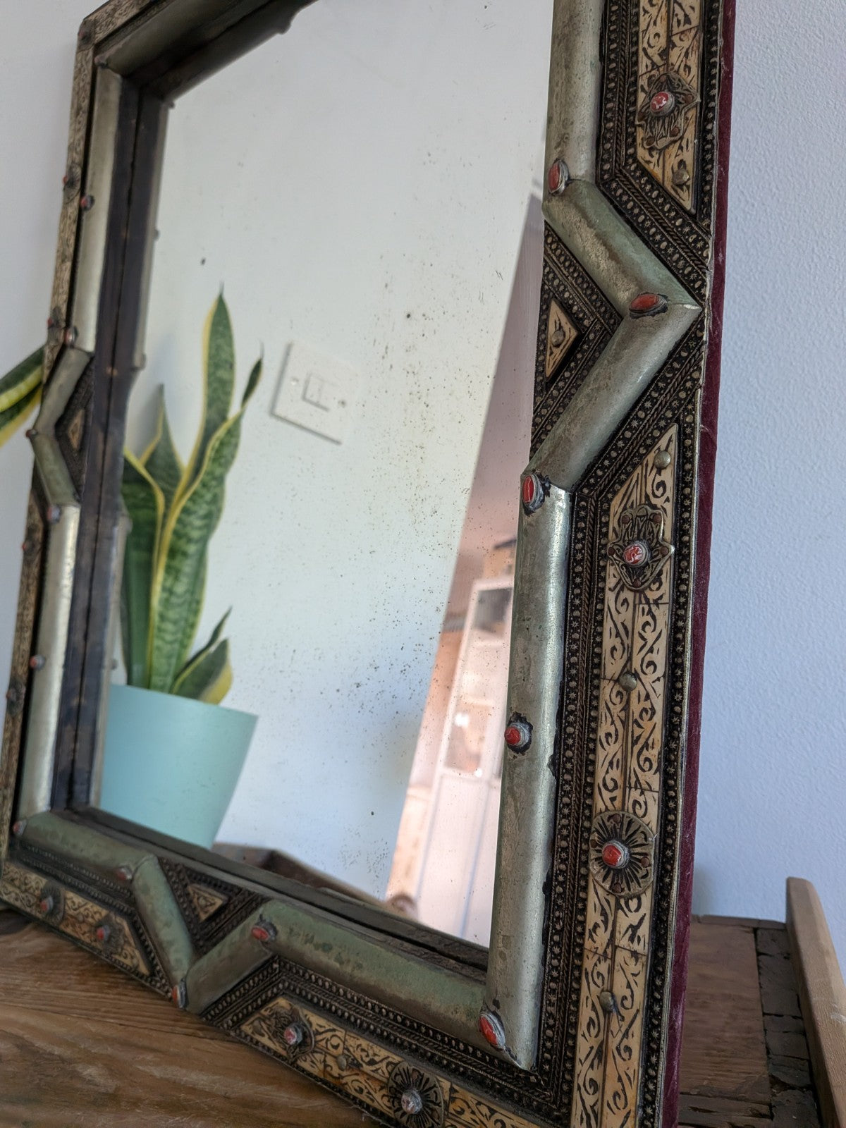 Vintage Ancient Handmade Moroccan Wall Mirror Brass Bone Camel Inlaid Mosaic XL 