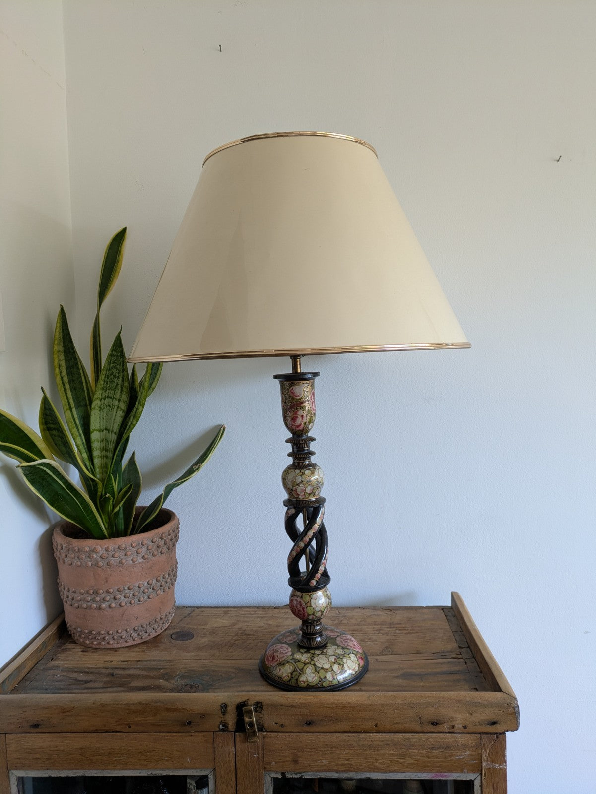 19th C Lamp Vintage Kashmiri Indian Lacquer Papier Mache Gilded Flower Cloisonne