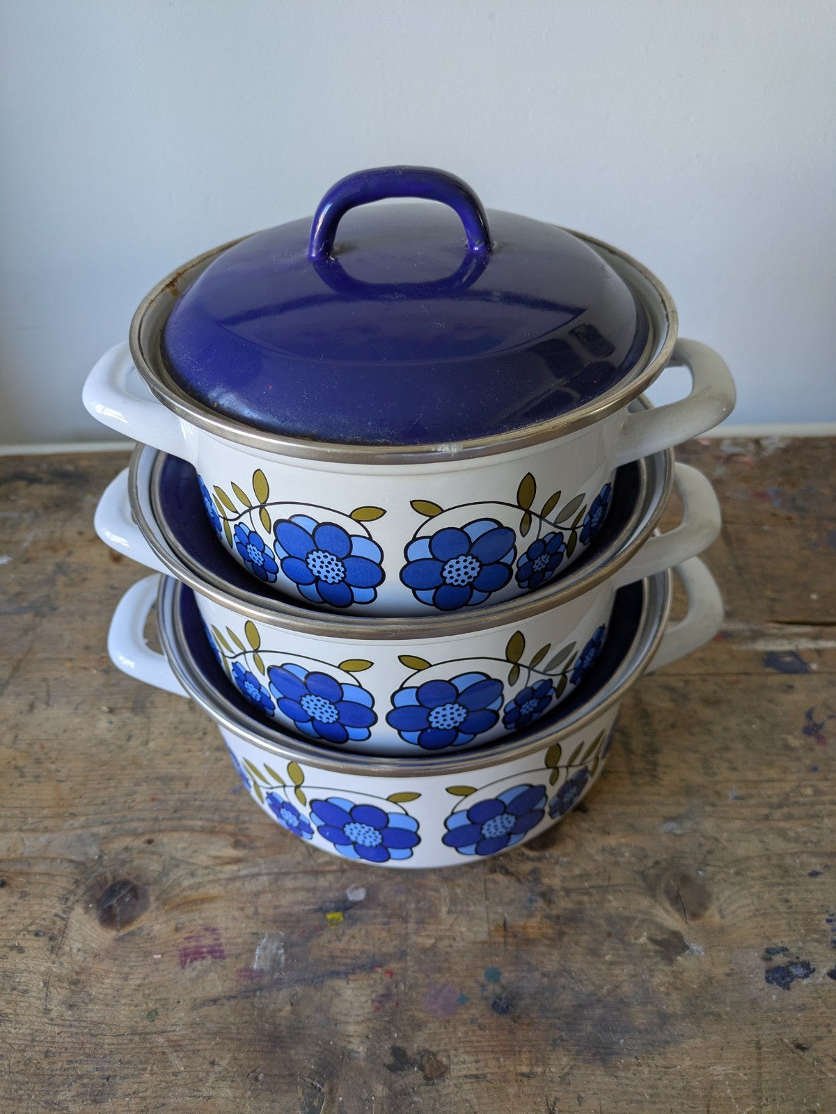 3x Vtg 70s Blue Taunton Vale Floral Saucepan Casserole Dish Pans Enamel Retro
