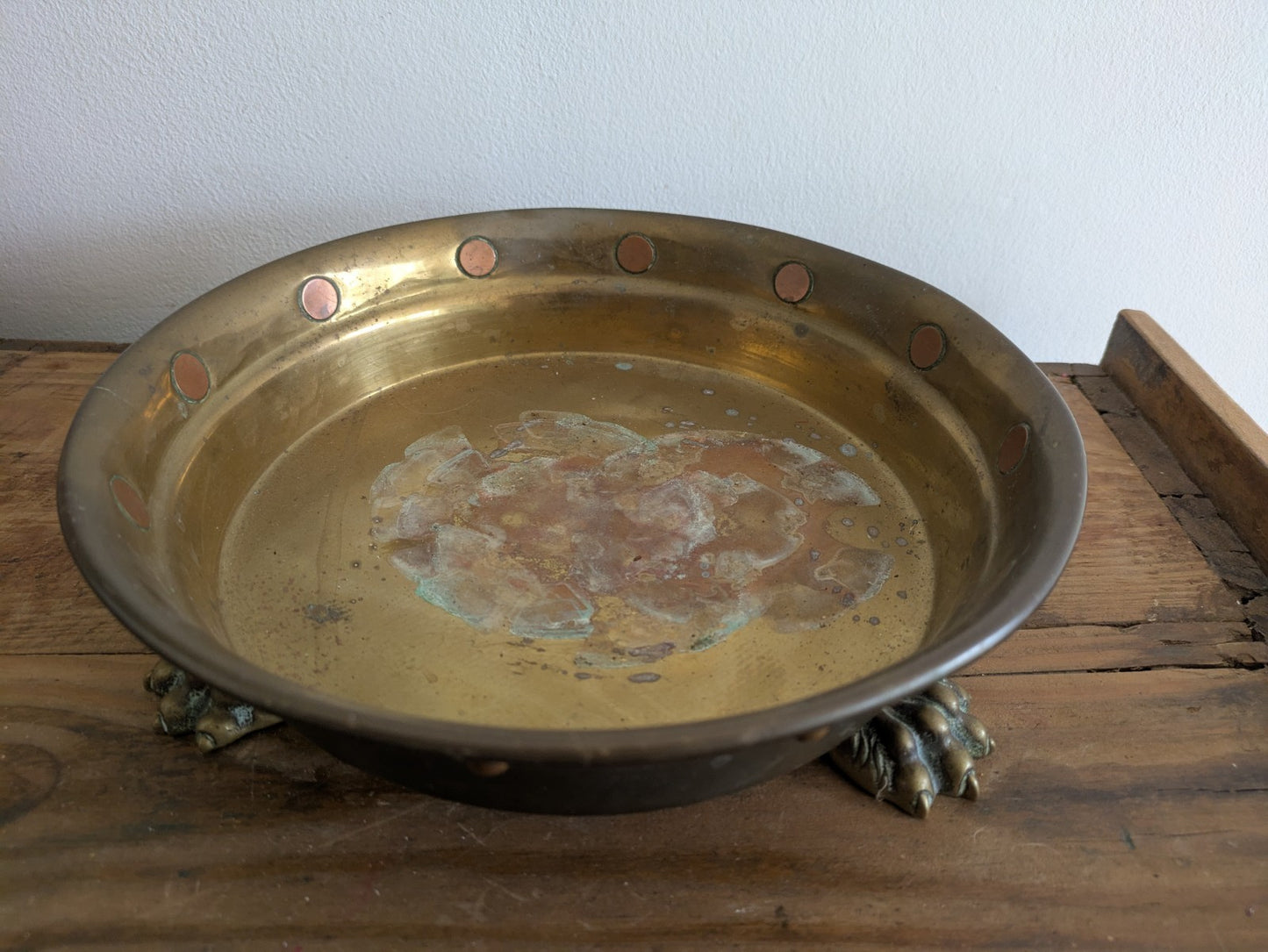 Antique Brass Copper Riveted Jardiniere Lion Paw Feet Plant Stand Bowl Planter