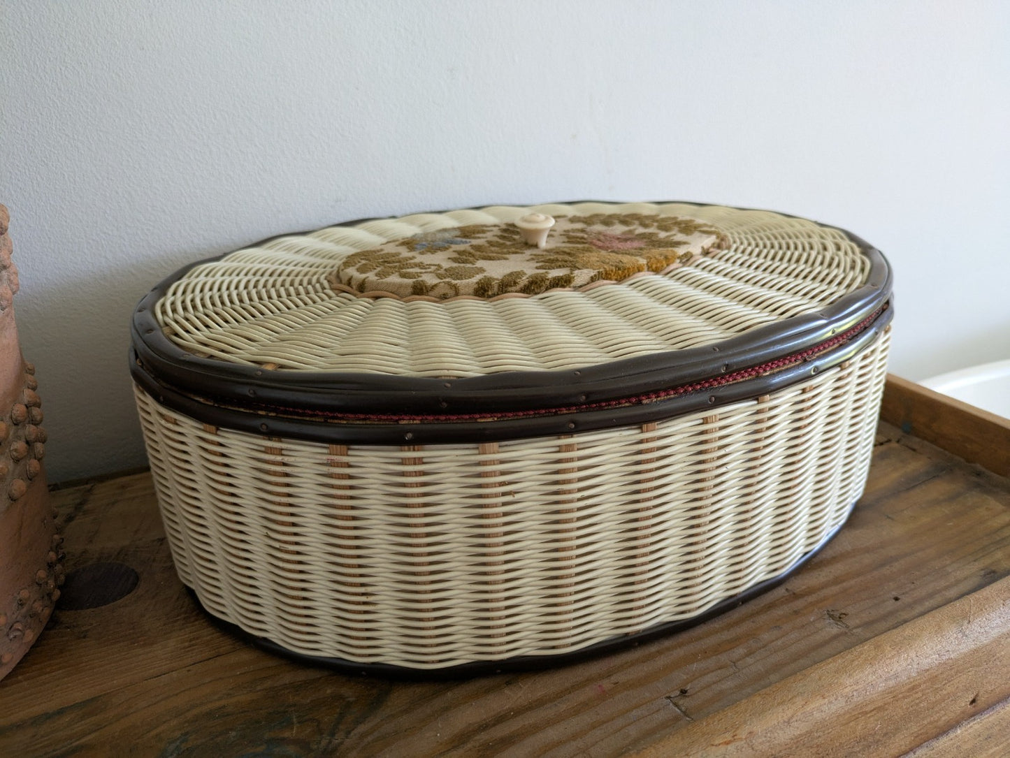 1940s Retro Vintage Rattan Sewing Box Basket Oval With Contents Full Prop Wicker