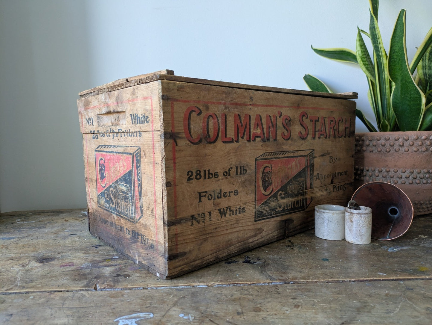 Antique Colmans Starch Printed Wooden Crate Original Large Vintage Advertising 