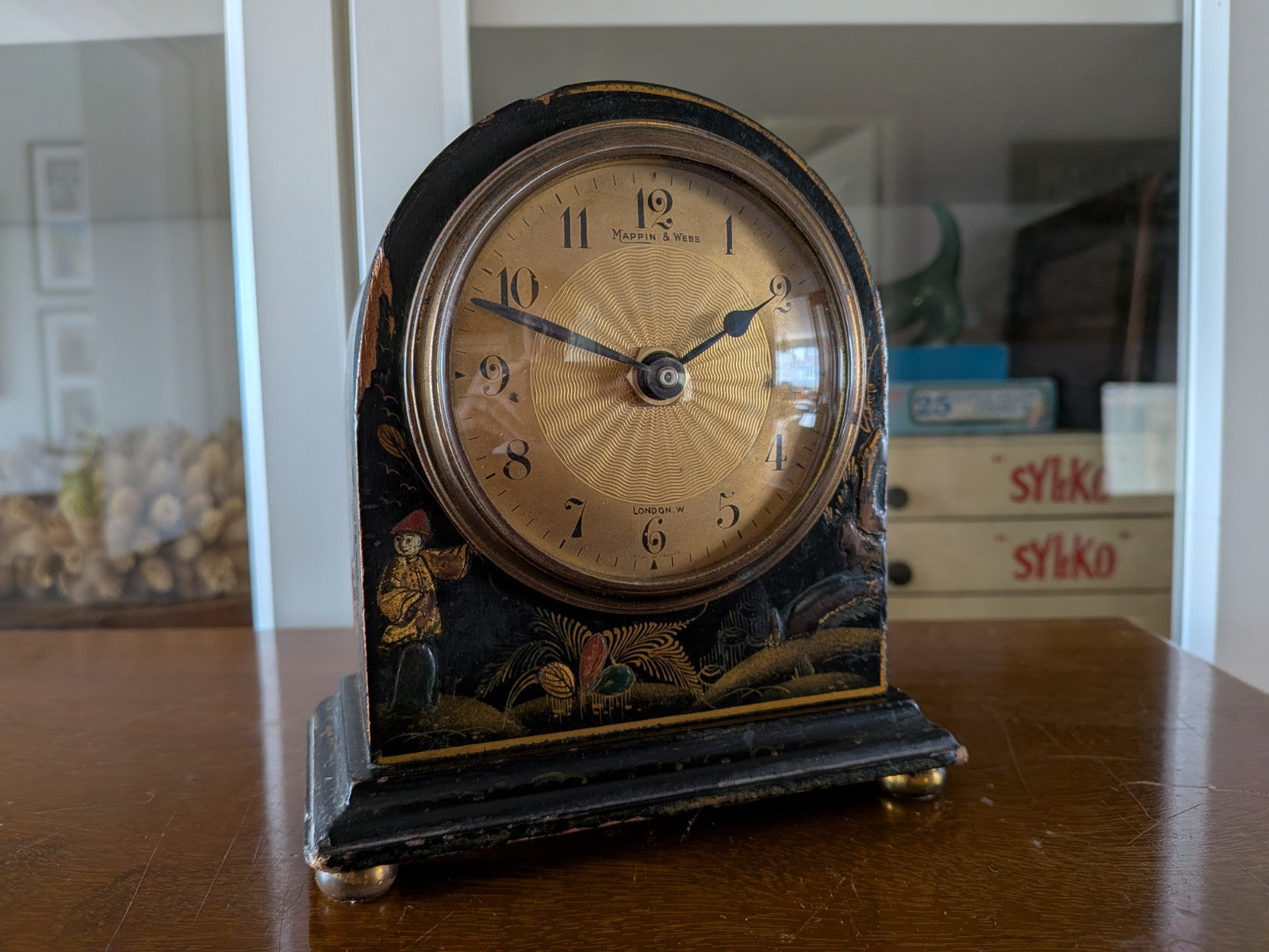 Vintage Antique Mappin And Webb Chinoiserie Chinese Black Lacquered Mantle Clock