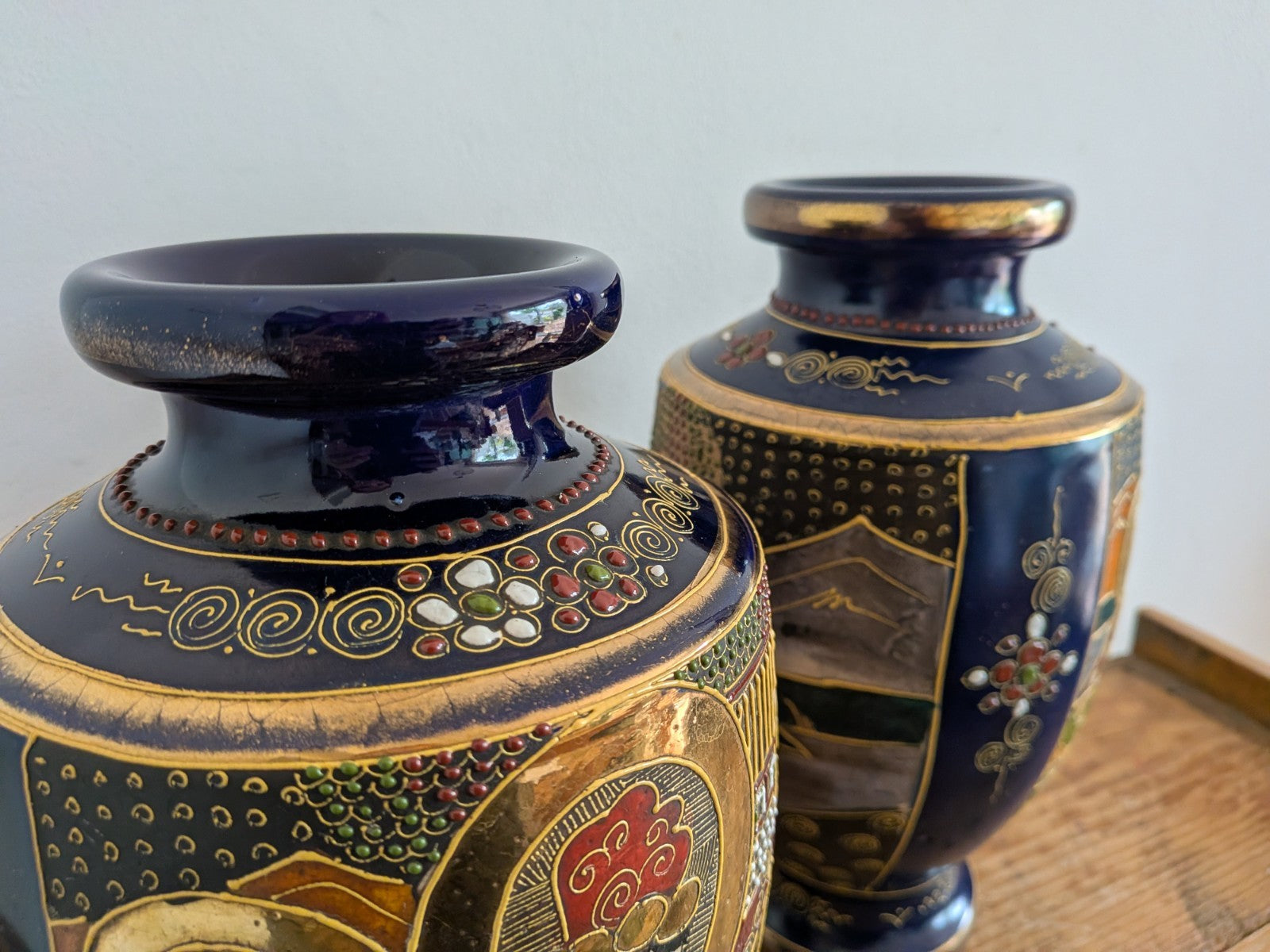 Pair Antique Early 1900s Satsuma Moriage Oriental Vase / Made in Japan Blue Vgc