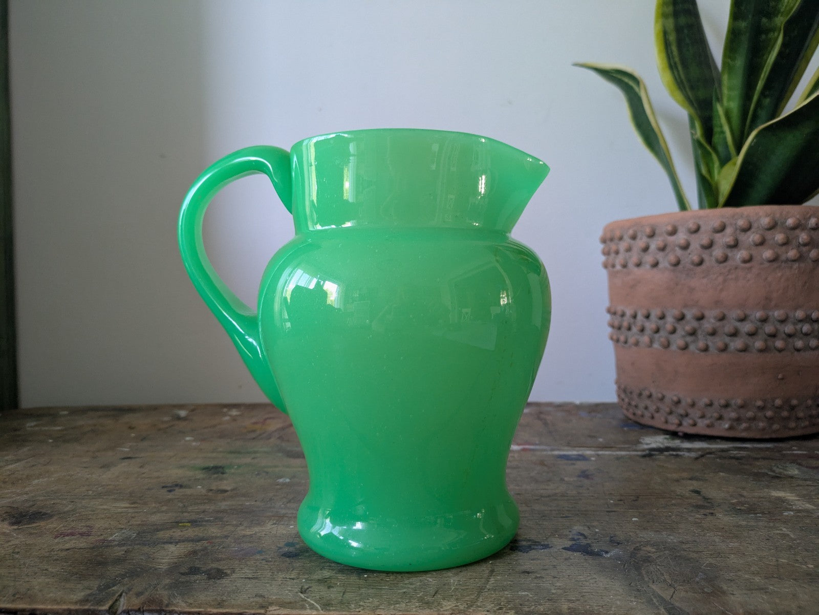 Antique Green Uranium Glass Water Jug Pitcher Jade Jadeite Art Deco Opaque Large