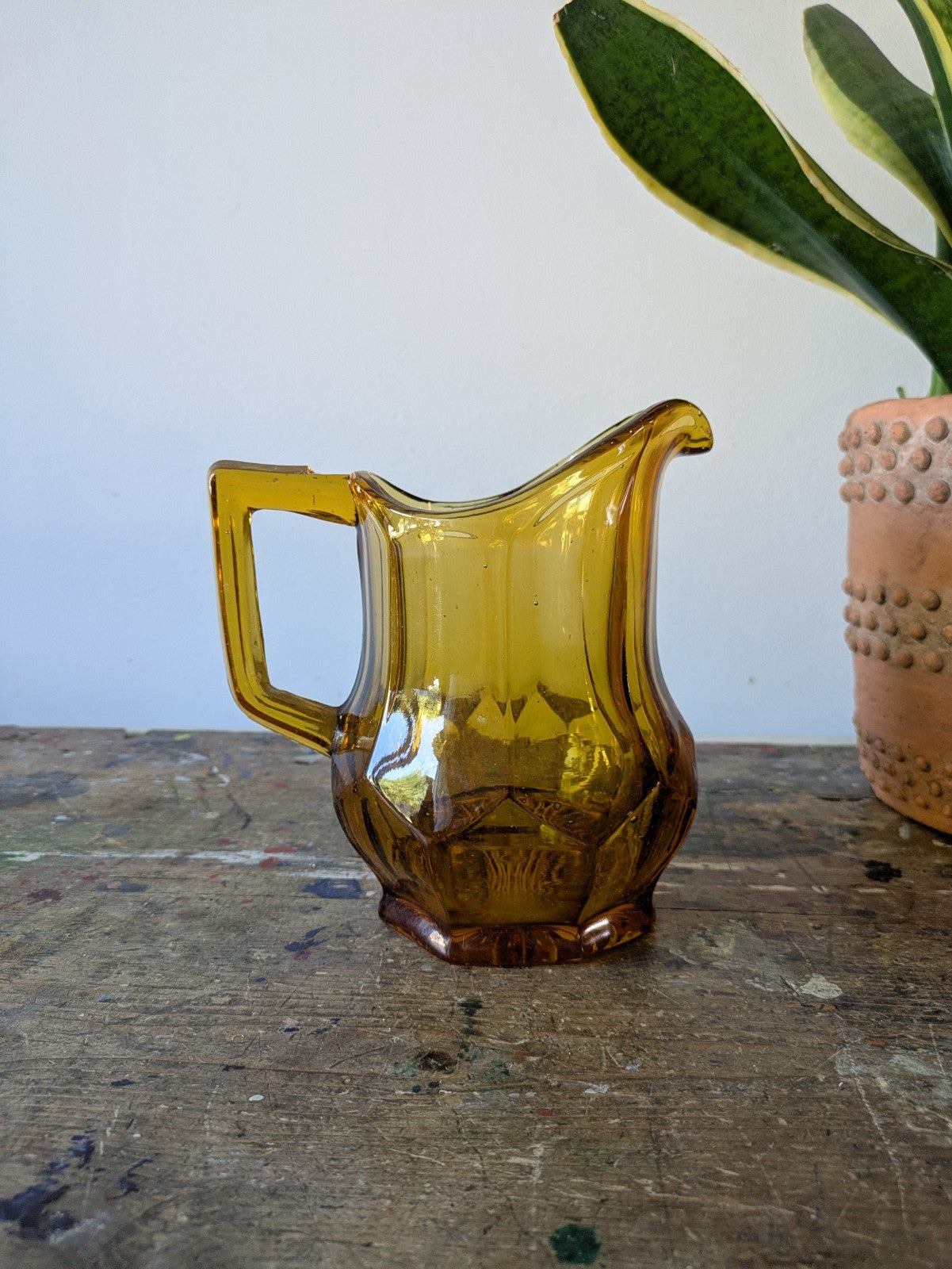 Vintage Amber Pressed Glass Water Jug Pitcher Chunky Art Deco Pitcher Vase Retro