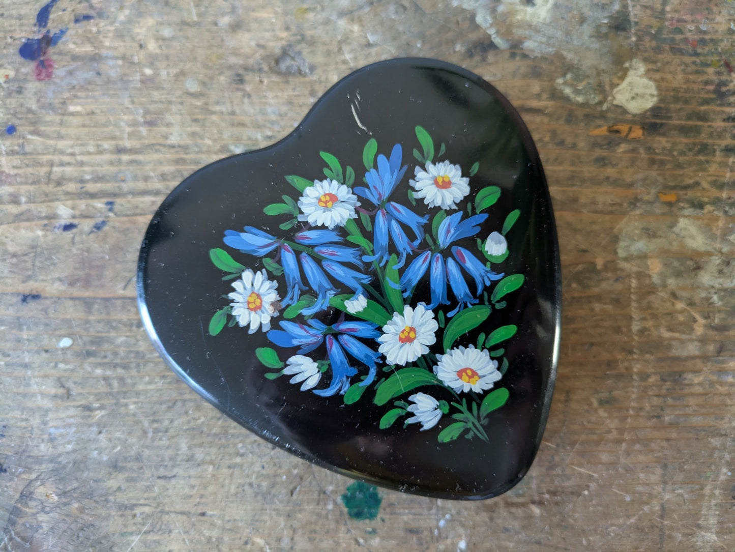 Adeline Ford Norfolk Hand-painted Floral Black Heart Shaped Tin Pot Trinket Box