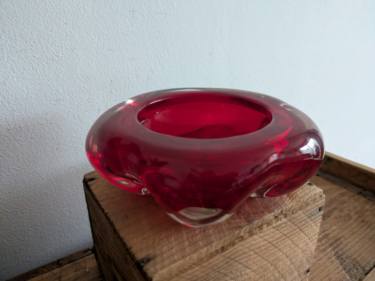 Whitefriars Ruby 5 Lobed Dish PatNo.9408 Flower Shape Cased Red Bowl Vtg Retro