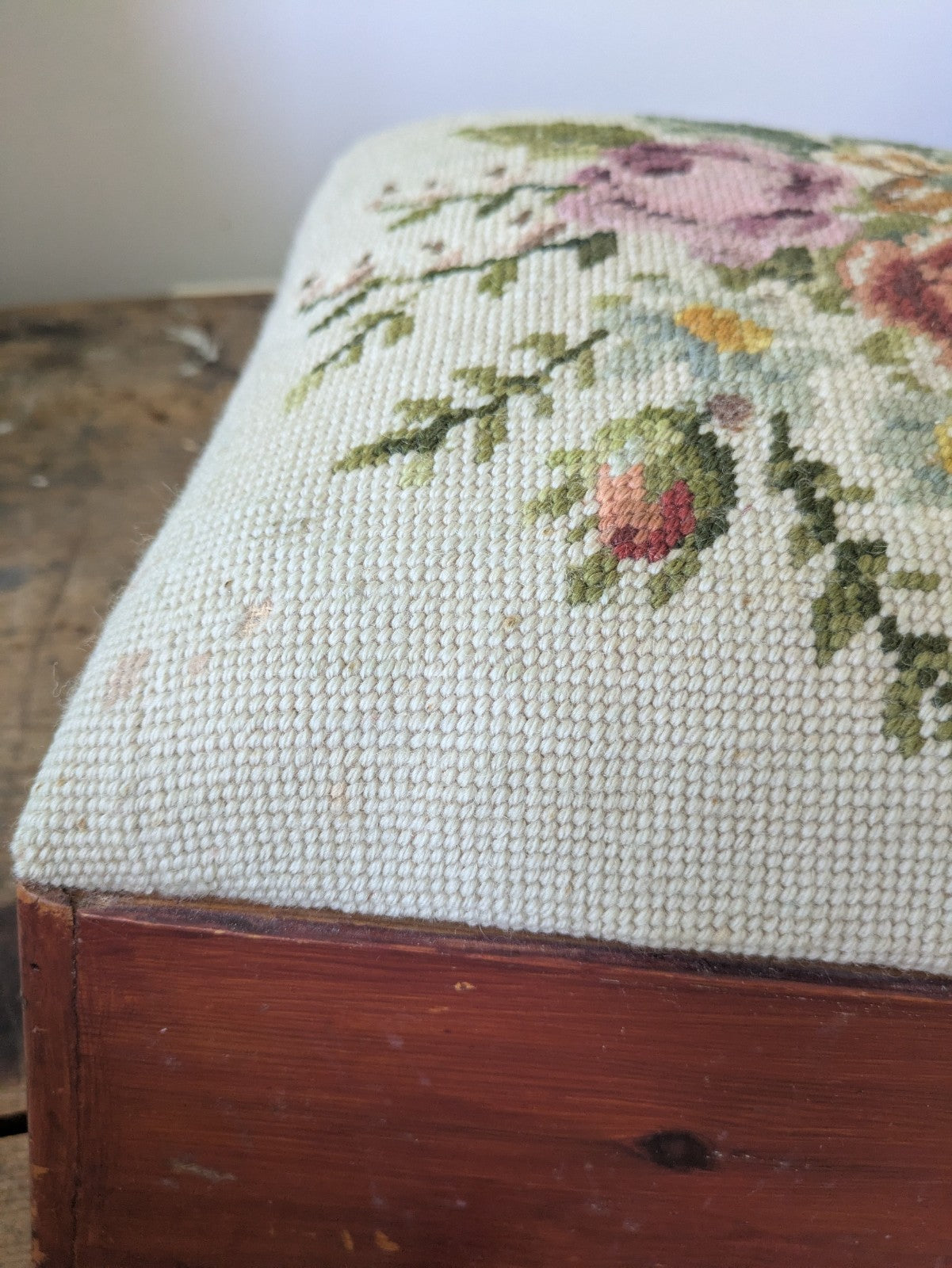 Vintage Tapestry Floral Stool Pine Base Rose Tapestry Top Footstool Original Old