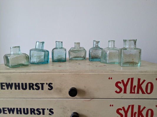 7x Antique Vintage Glass Bottles vase flower original apothecary ink old Square