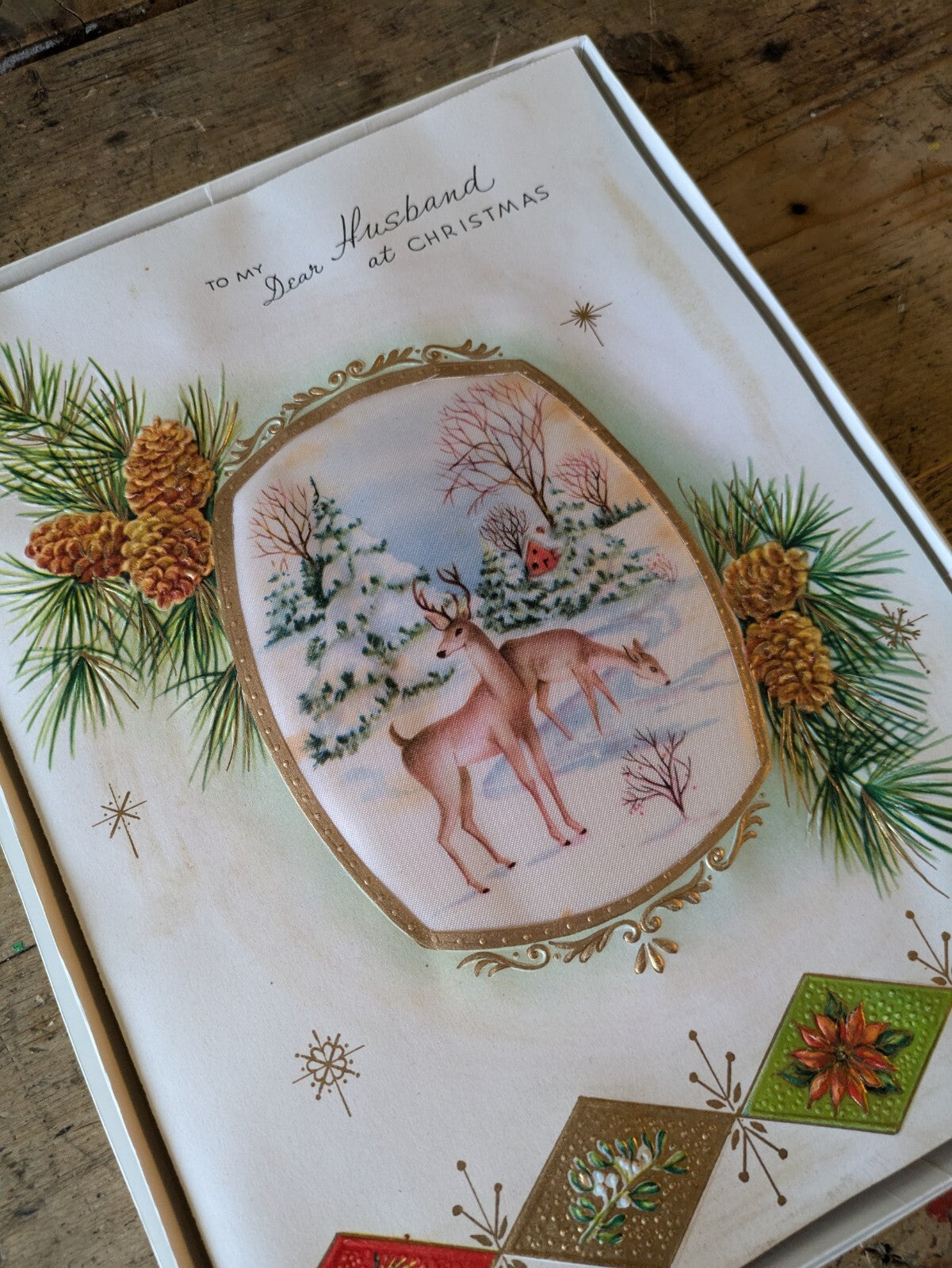 Vintage Deer 50s Padded Christmas Xmas Greeting Card Fabric Pine Cone Satin Vgc