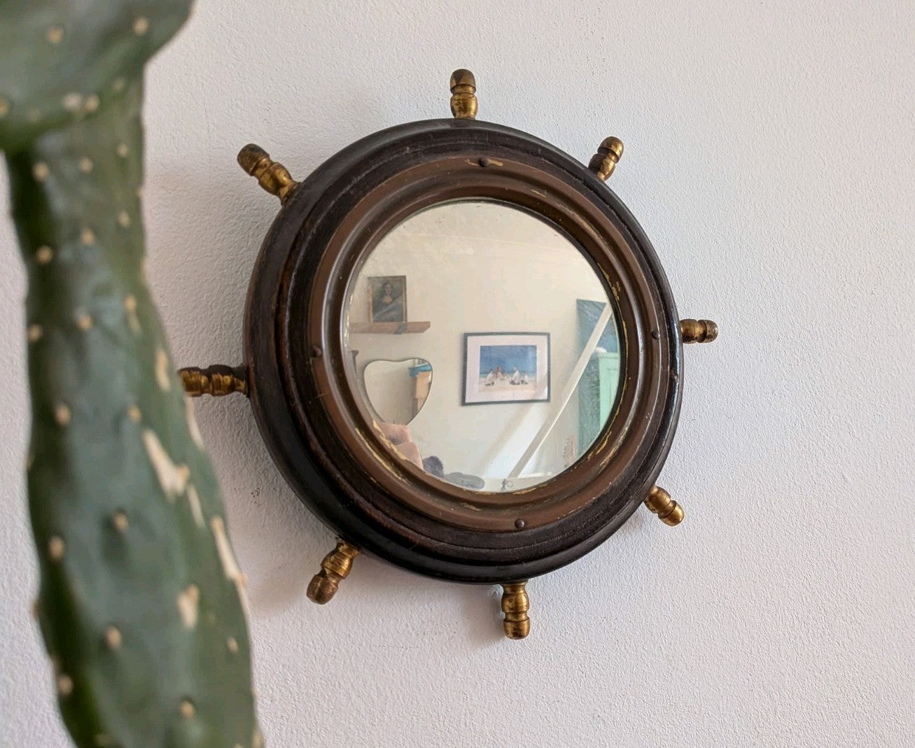 Antique Porthole Maritime Mirror Solid Oak Small Ships Wheel Nautical 1920s Vtg!