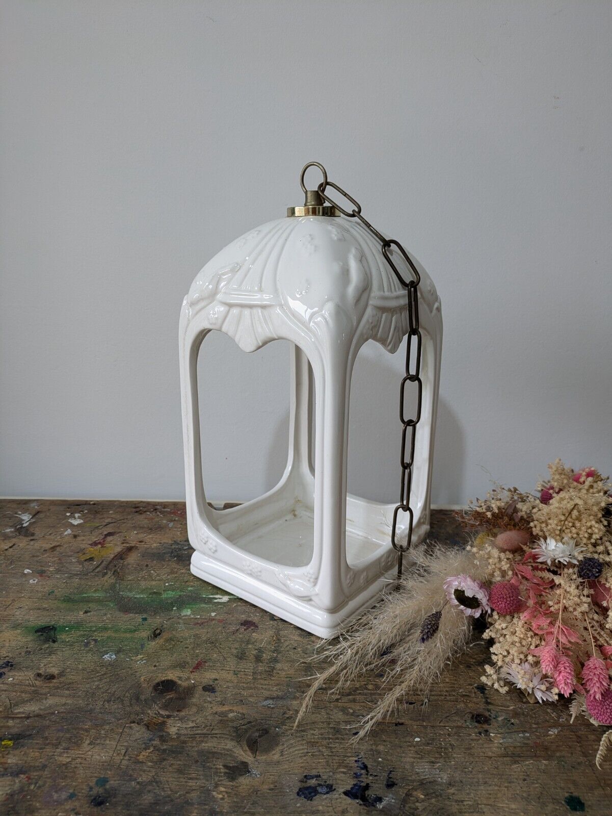 Large VTG White Ceramic Hand Painted Bird Cage Lantern On Chain Candle Holder Vg