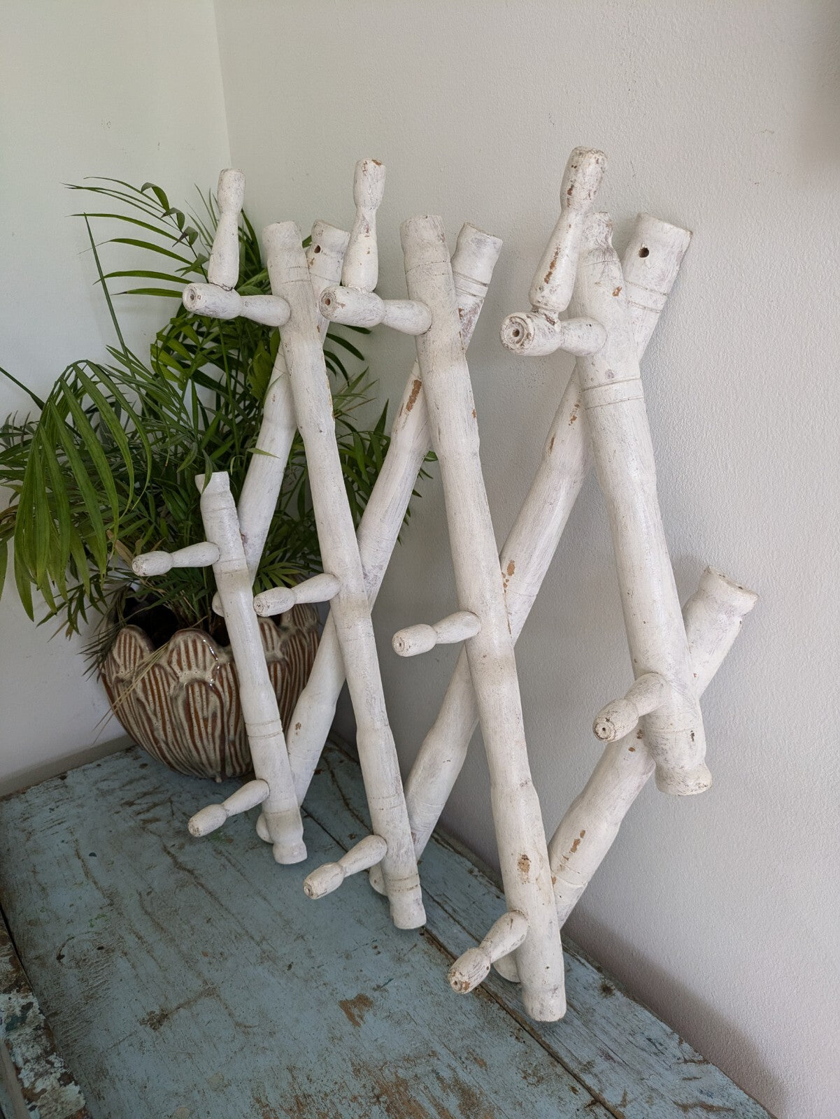 Vintage Wooden Folding Wall Hooks coat Rack Faux bamboo boho French Antique old!