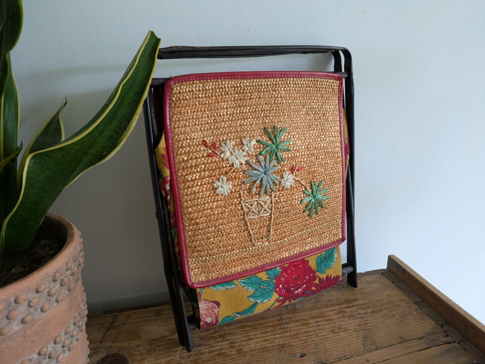 Vintage Folding Sewing Bamboo Woven Applique Magazine Tiki Rack Newspaper Basket