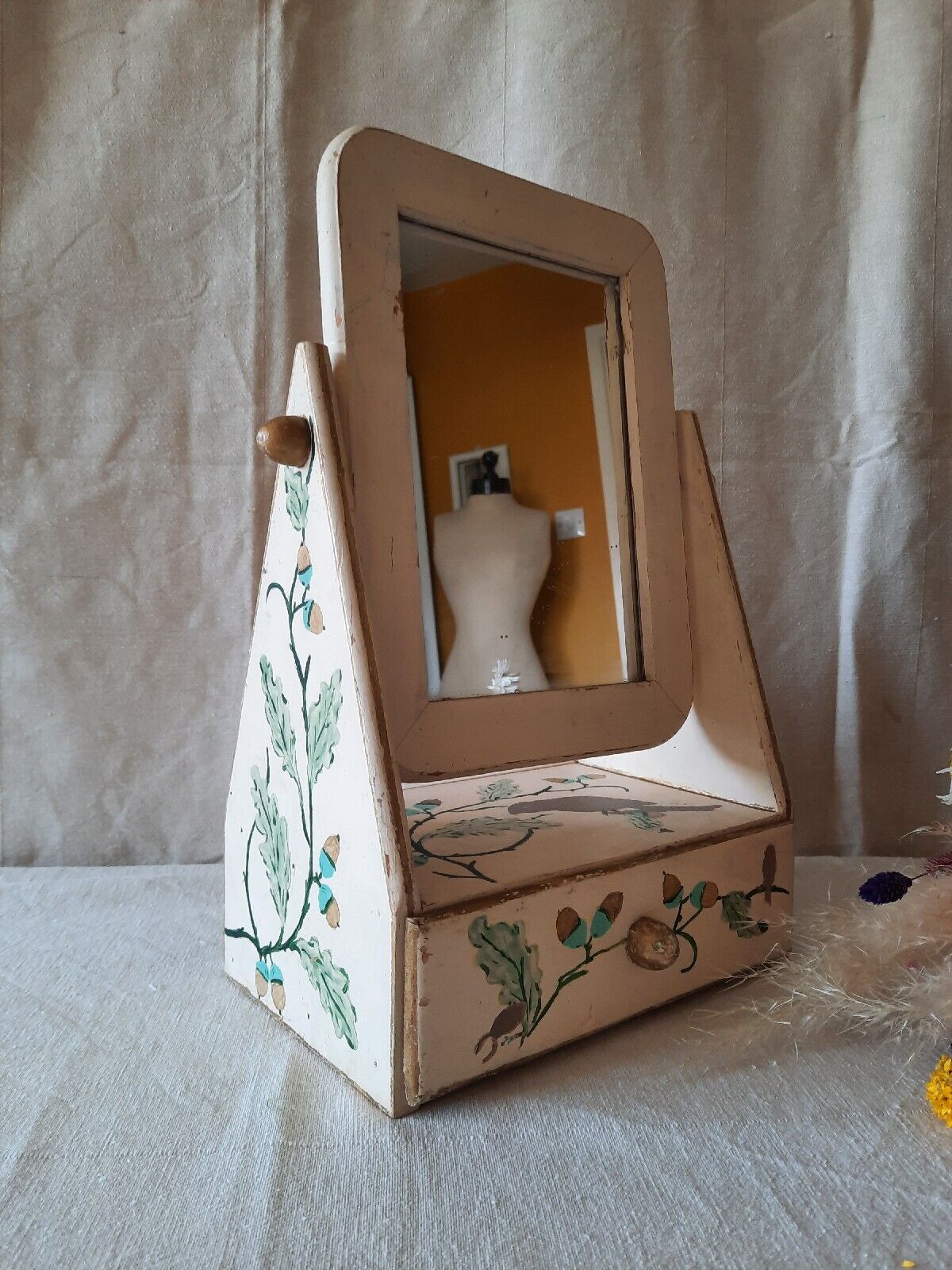 Vintage Wooden Vanity Mirror folk art Wood Table Top Swing Standing drawer old