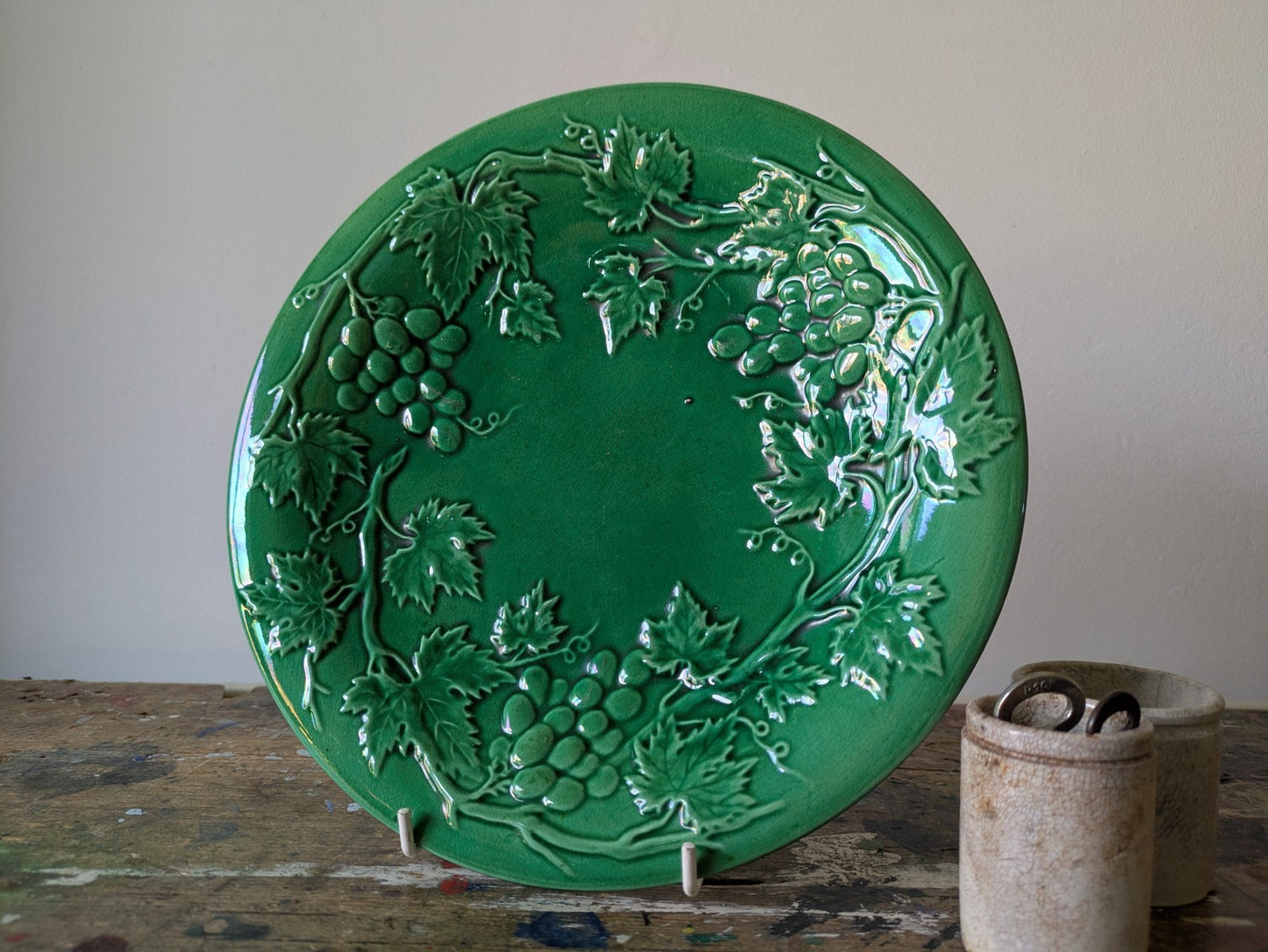 Antique Victorian Green Majolica Grape Vine Plate Leaf Fruit Vintage Cabbage Old