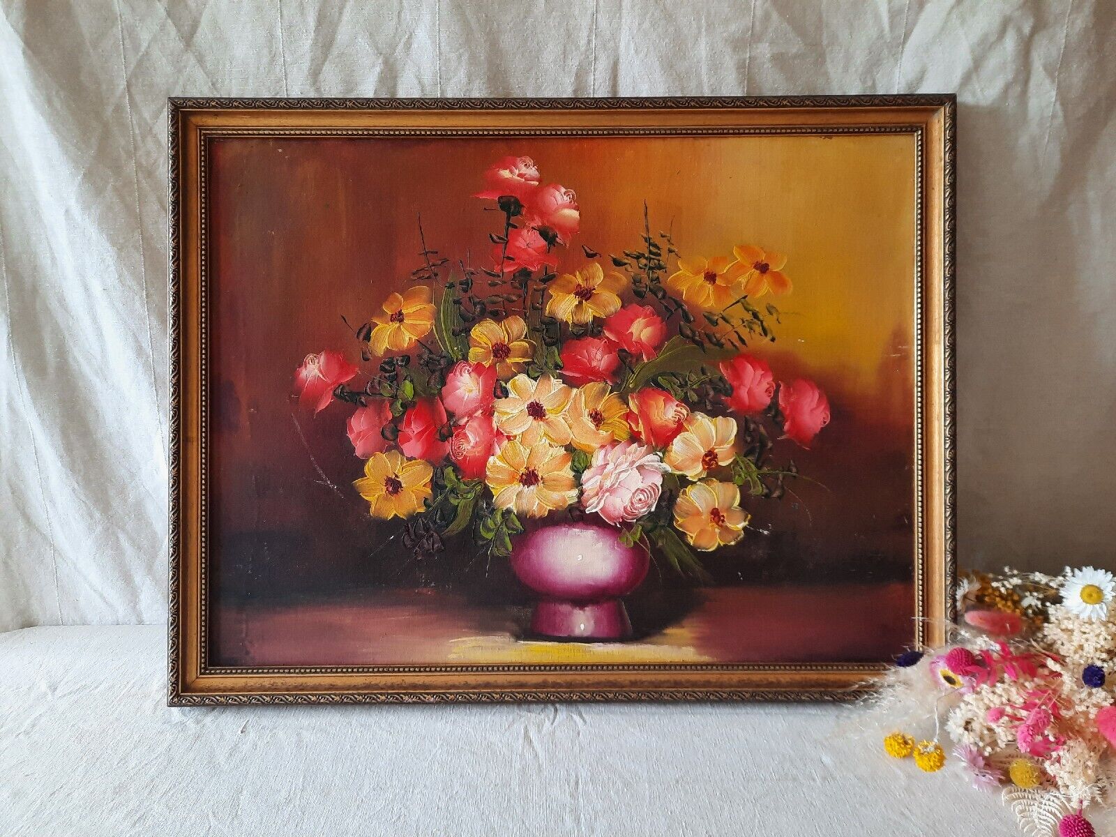 Large Original Vintage Antique Still Life Of Roses Oil On Canvas Painting Gilt