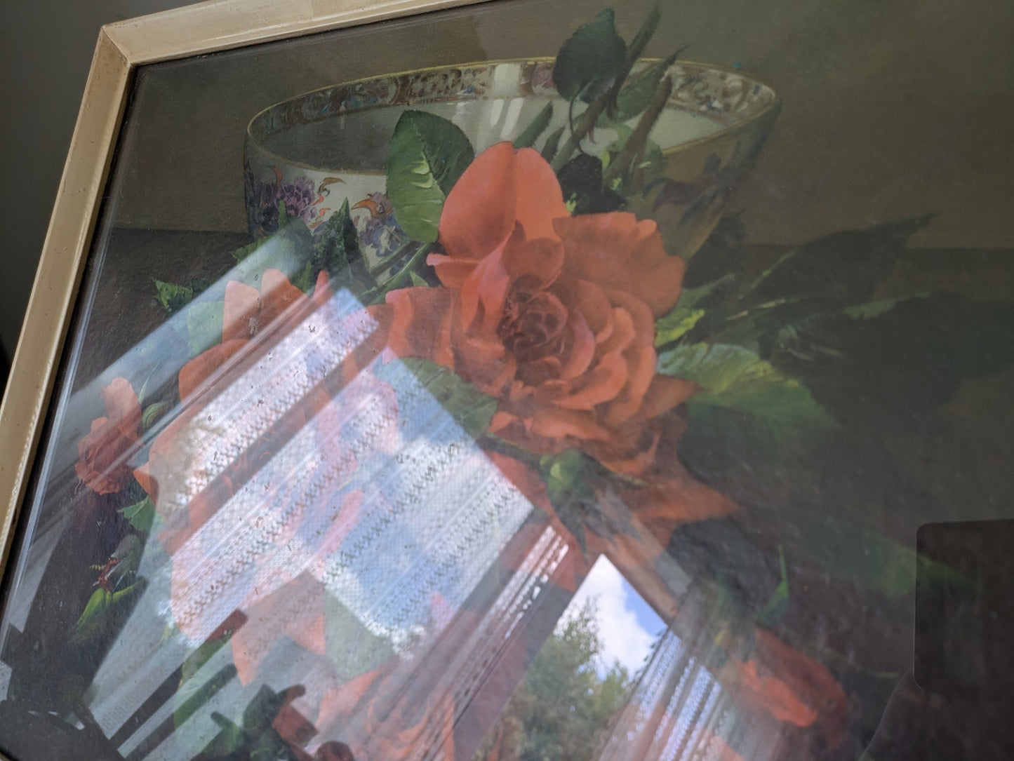 Vintage Kitsch Retro Frame floral bouquet PRINT original Landscape Red Rose Old