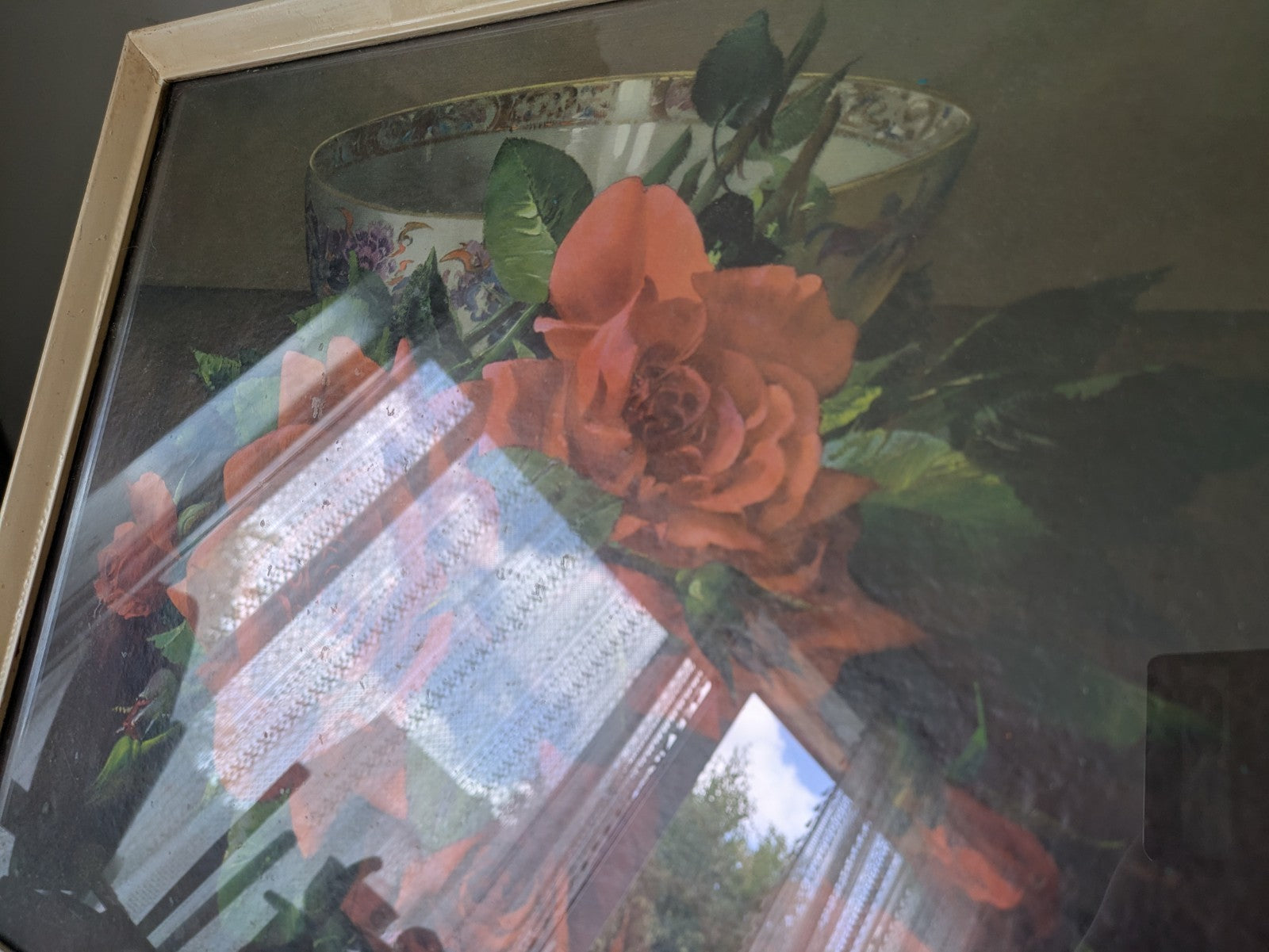 Vintage Kitsch Retro Frame floral bouquet PRINT original Landscape Red Rose Old