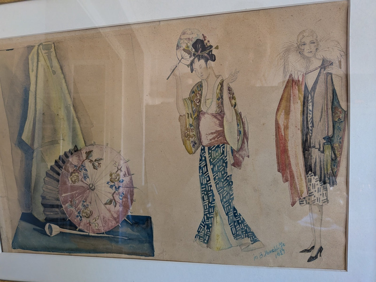 Original Fashion Design Drawing Painting 1920's Signed Hinchliffe Oriental Asian