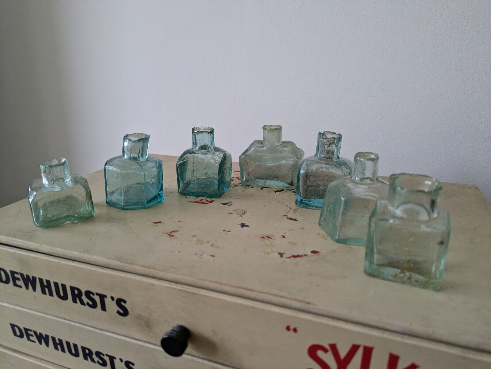 7x Antique Vintage Glass Bottles vase flower original apothecary ink old Square