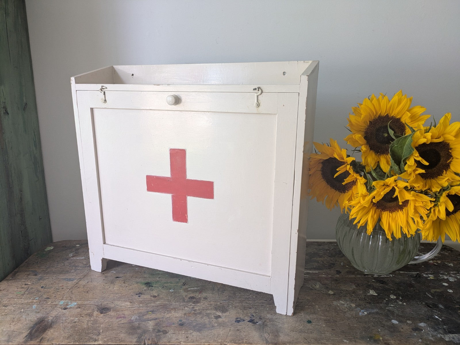 Vintage first aid medicine cabinet bathroom Wood Medical Chemist Prop Cupboard 