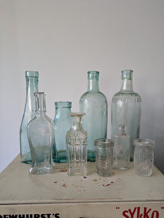 9x XL Antique Vintage Glass Bottles vase original apothecary teal disinfectant 