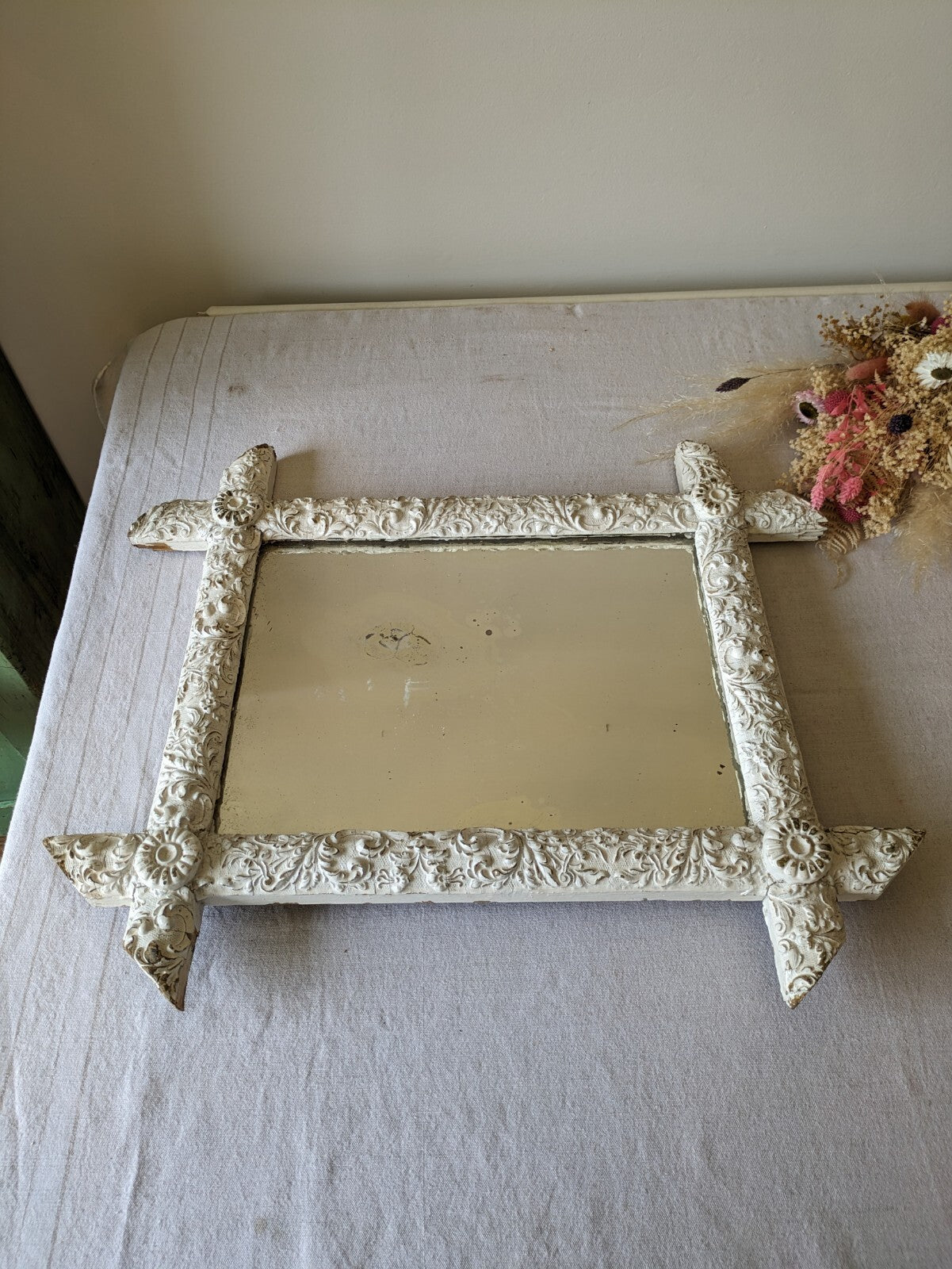 Late 19th century French Detailed distressed mirror Chippy Antique Rare Mercury
