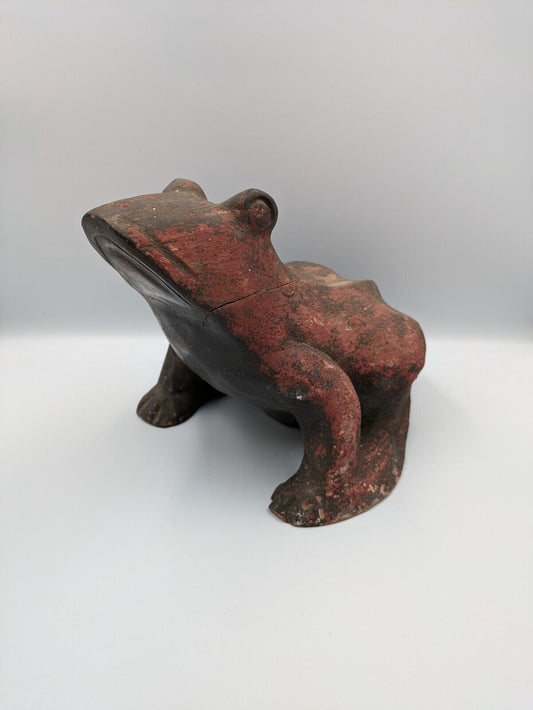 Carved Wood Frog Reptile Vintage Large Painted Solid Decor Time Worn Ornament