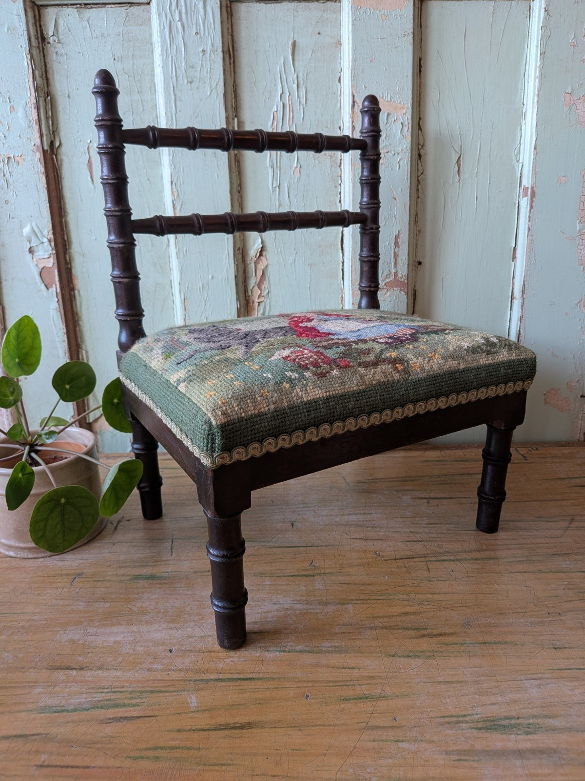Antique Bobbin Faux Bamboo Childs Chair Apprentice Tapestry Seat Red Riding Hood