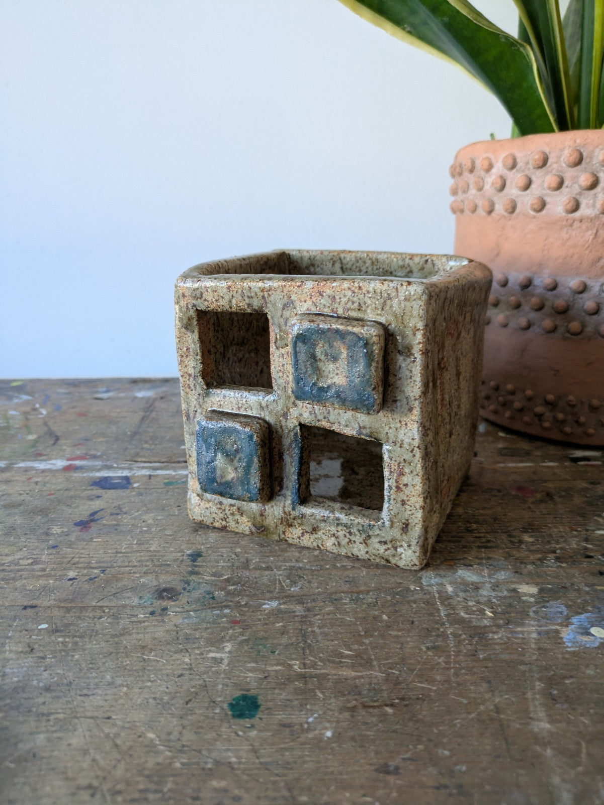 Vintage Retro AGR 1973 Glazed Cube Ceramic Plant Pot Brutalist Mid Century Vgc
