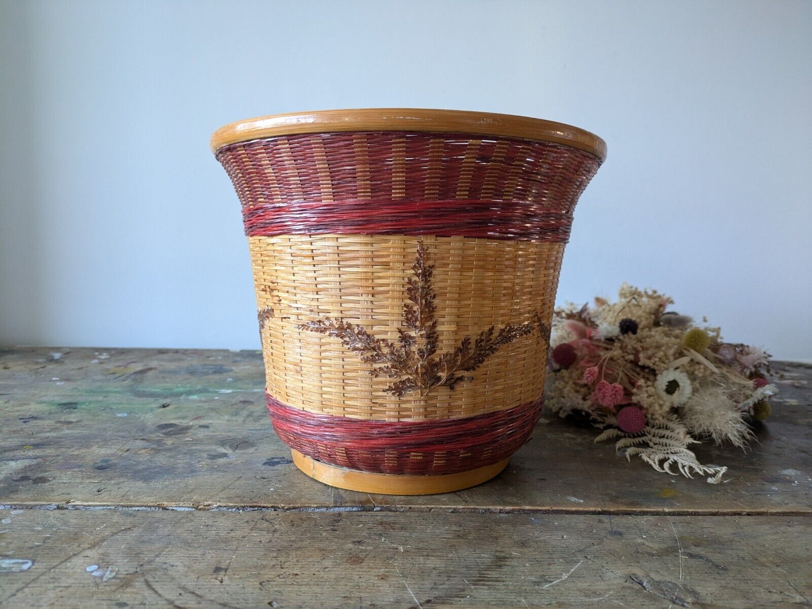 Red Cane Round Wicker Waste Paper Basket Woven Leaves Storage Vintage Bin Retro