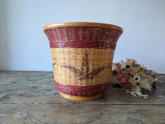 Red Cane Round Wicker Waste Paper Basket Woven Leaves Storage Vintage Bin Retro