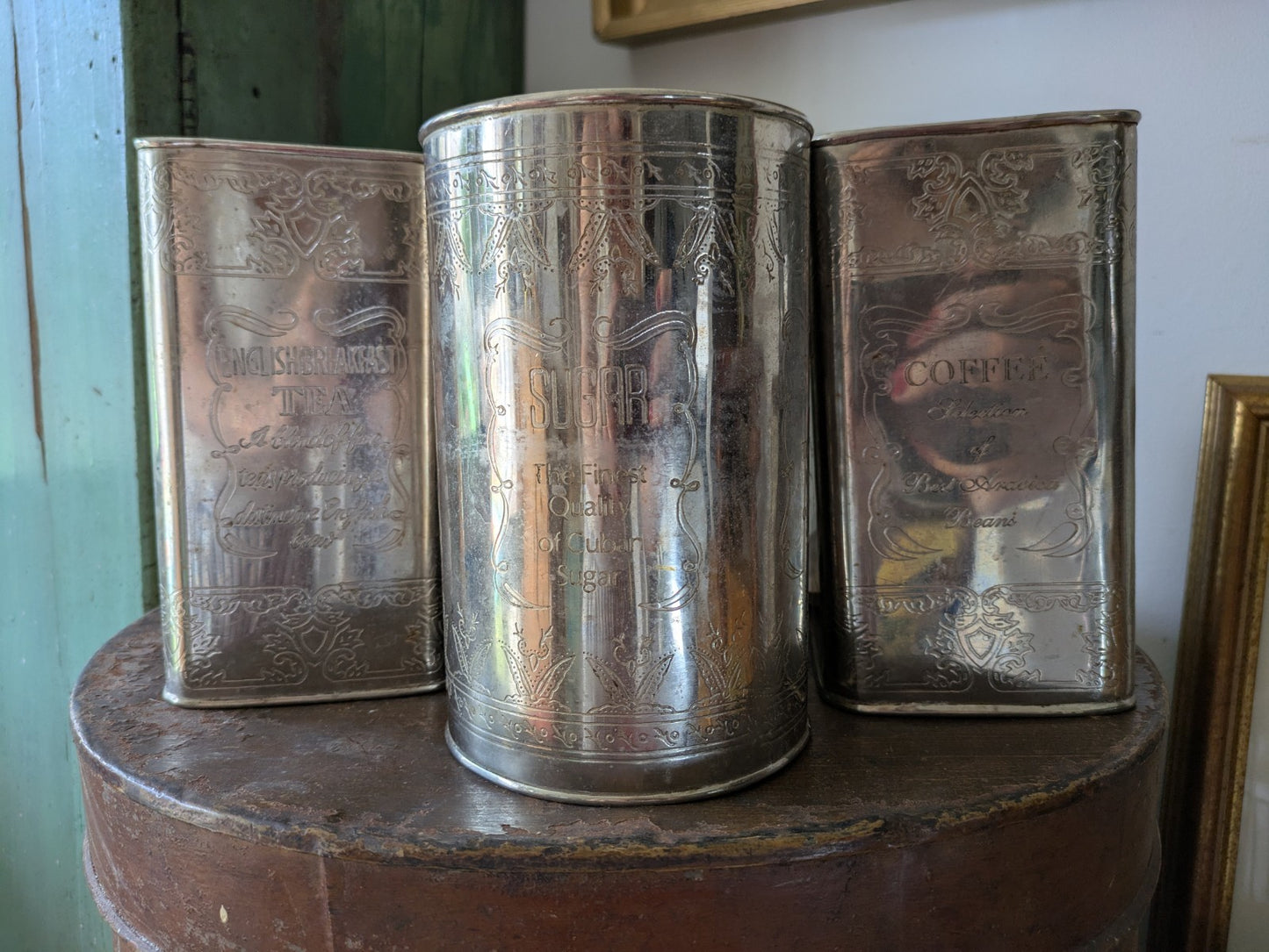 Vintage Canister Set Finest Quality Cuban Sugar, Coffee, Fine Teas Silver Metal