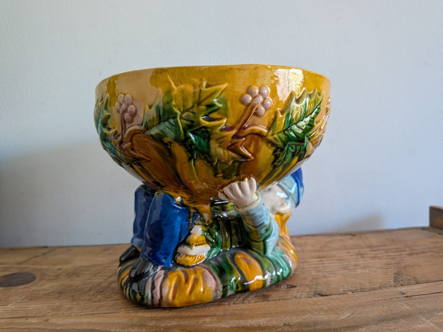 Vintage George Jones Majolica “MR Punch” Punch Bowl Christmas Table Gnome Dwarf